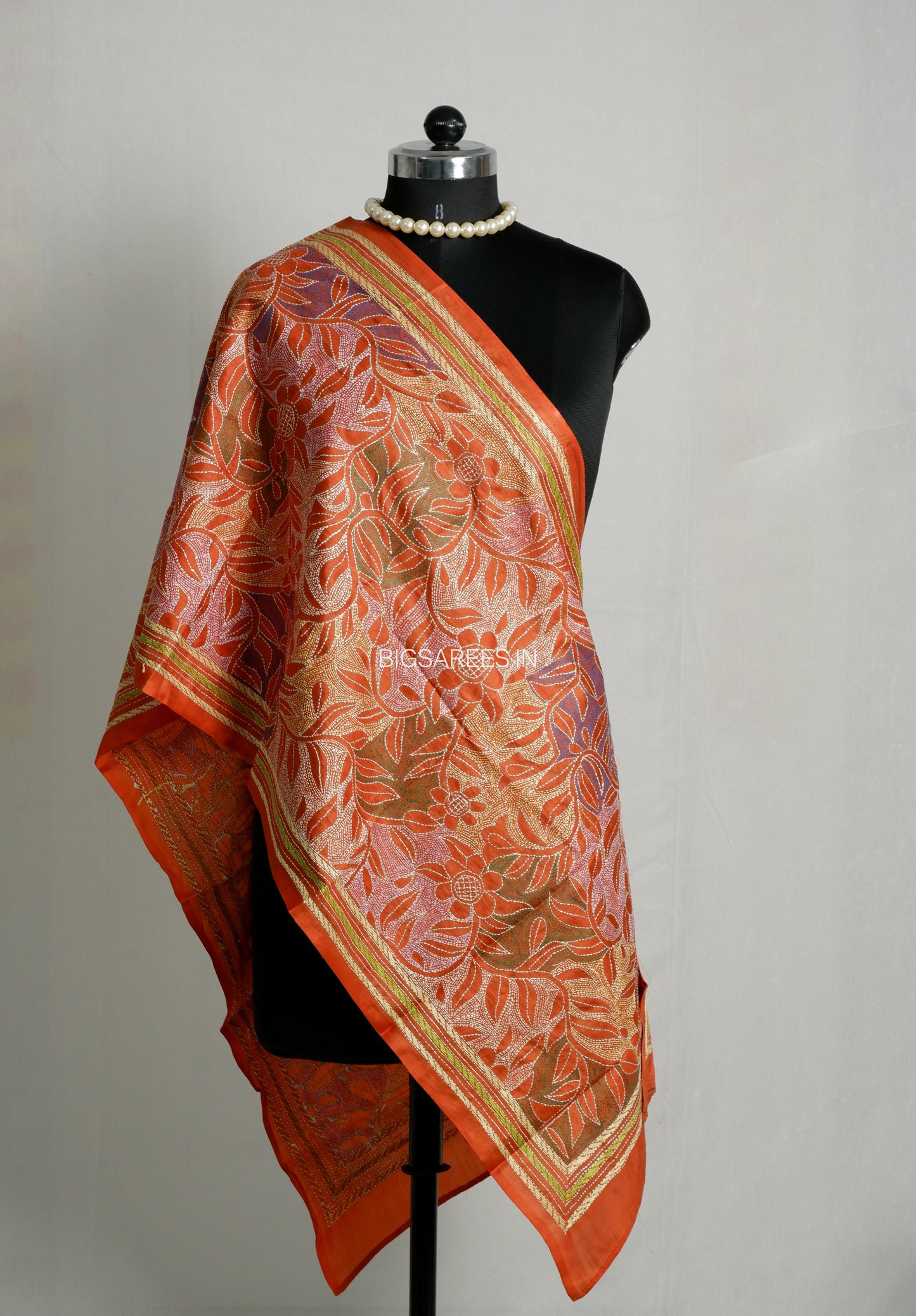Kantha Pure Silk Stole | Orange  | 22" |