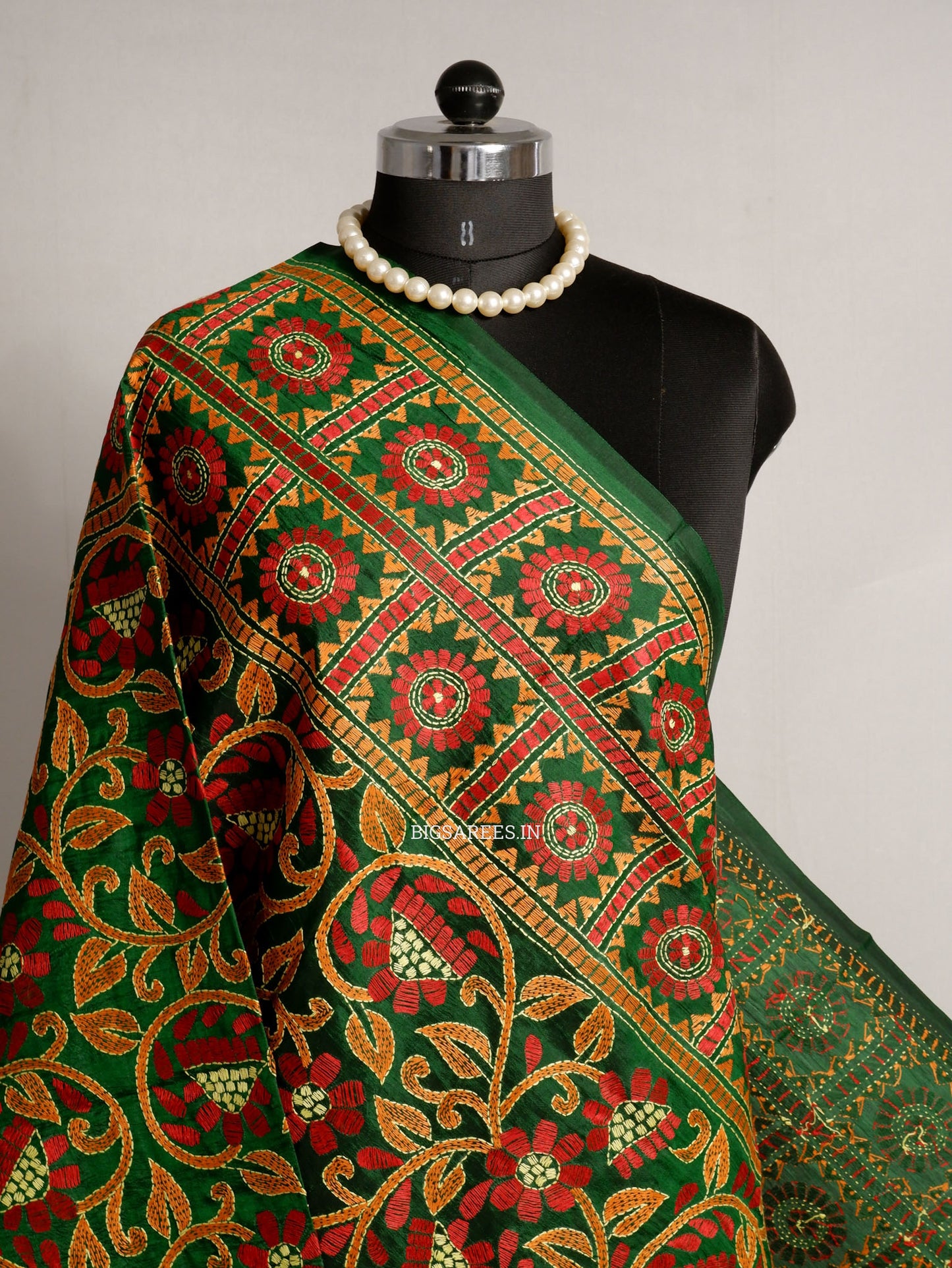 Kantha Hand-Embroidered Dupatta | Pure Bangalore Silk | Full Work | Silk Marked | Green