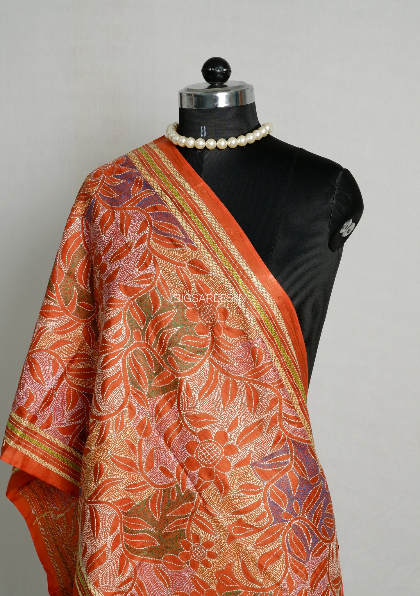 Kantha Pure Silk Stole | Orange  | 22" |