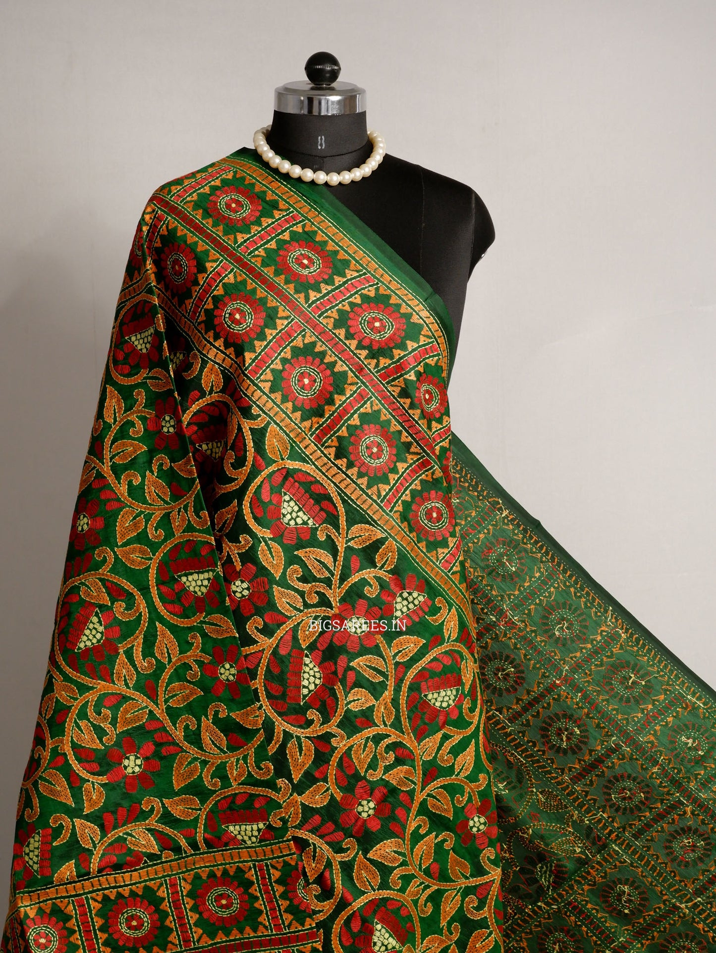 Kantha Hand-Embroidered Dupatta | Pure Bangalore Silk | Full Work | Silk Marked | Green