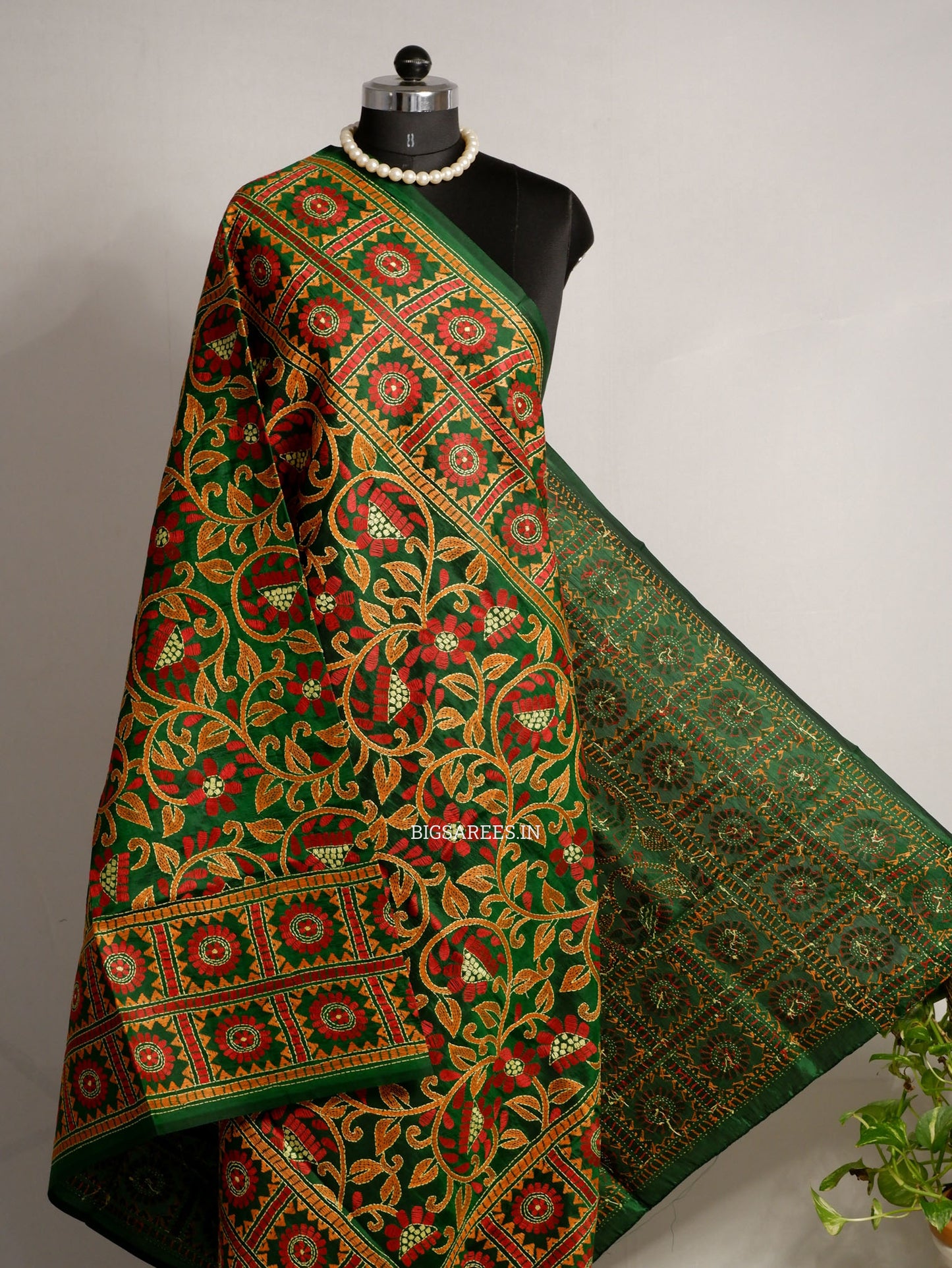 Kantha Hand-Embroidered Dupatta | Pure Bangalore Silk | Full Work | Silk Marked | Green