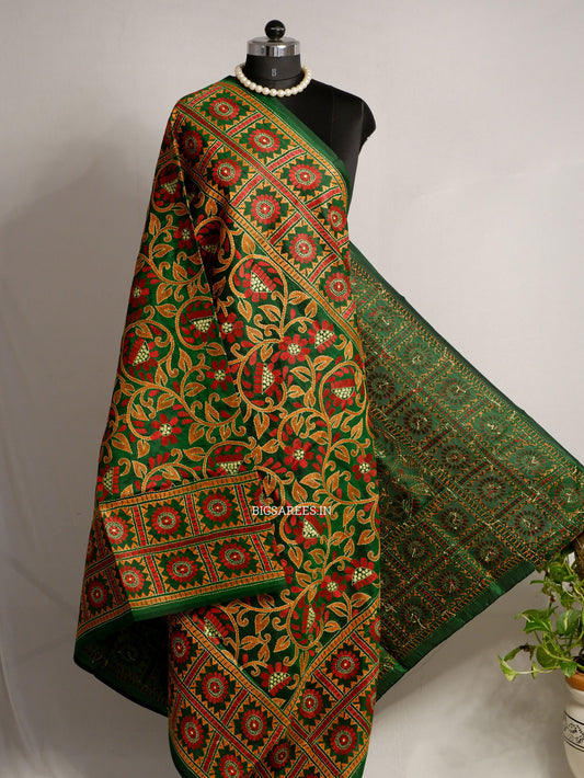 Kantha Hand-Embroidered Dupatta | Pure Bangalore Silk | Full Work | Silk Marked | Green