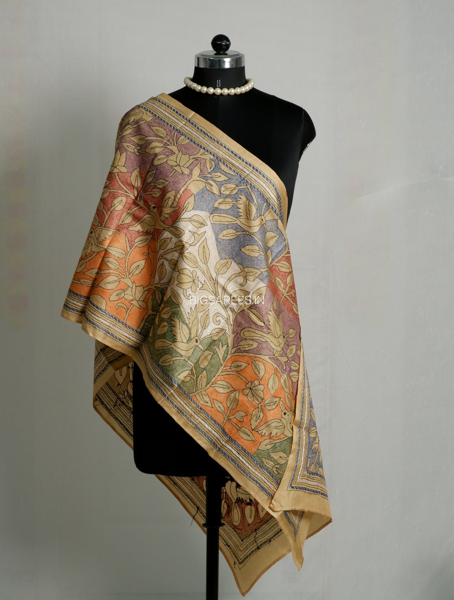 Kantha Pure Silk Stole | Sand  | 22" |