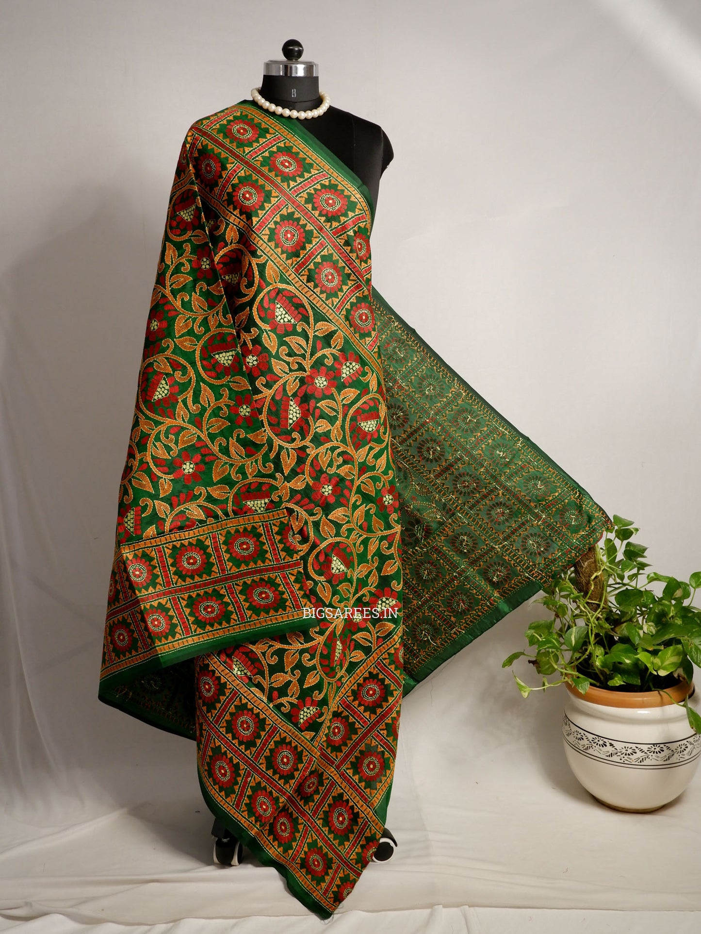 Kantha Hand-Embroidered Dupatta | Pure Bangalore Silk | Full Work | Silk Marked | Green