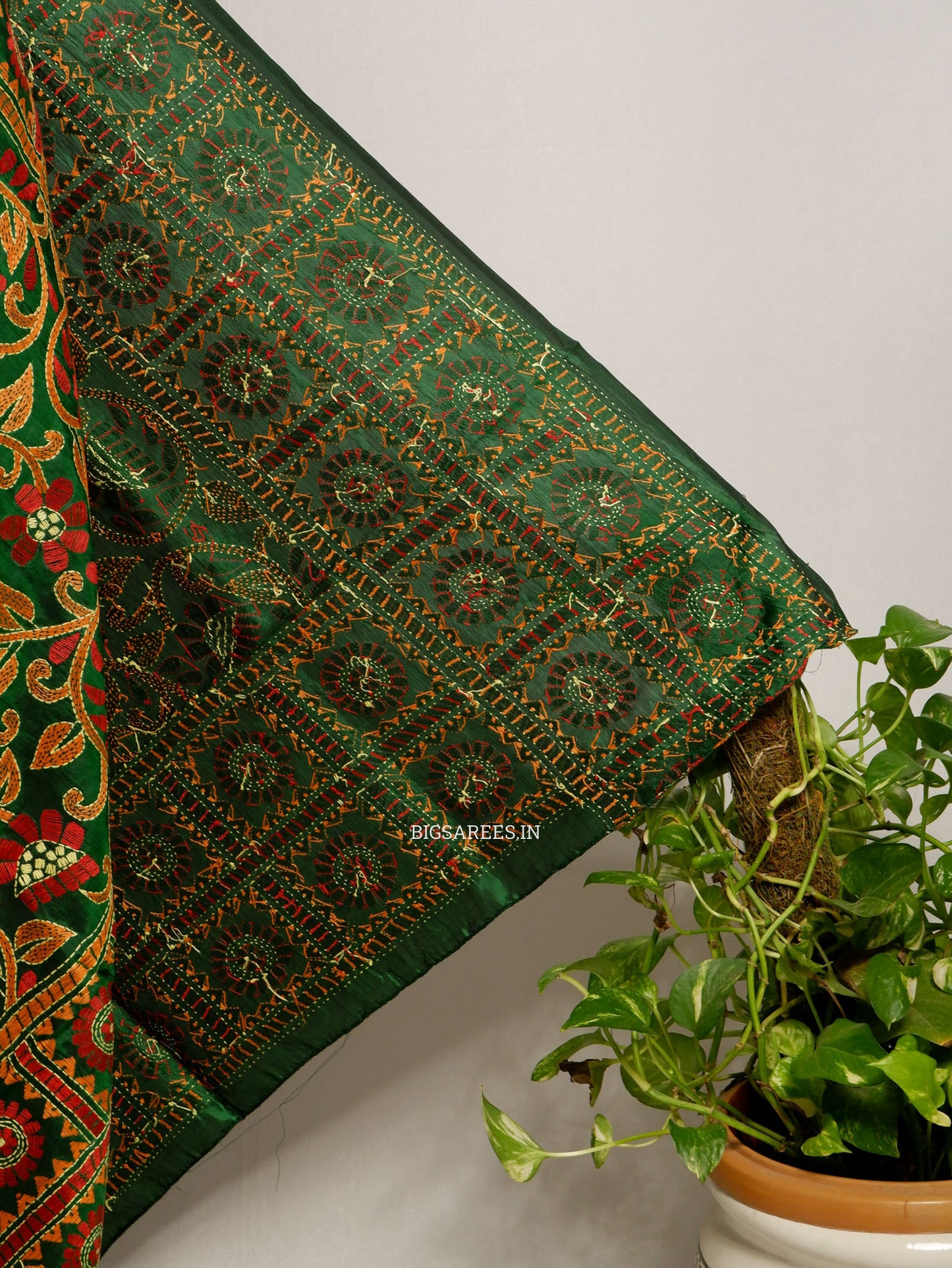 Kantha Hand-Embroidered Dupatta | Pure Bangalore Silk | Full Work | Silk Marked | Green