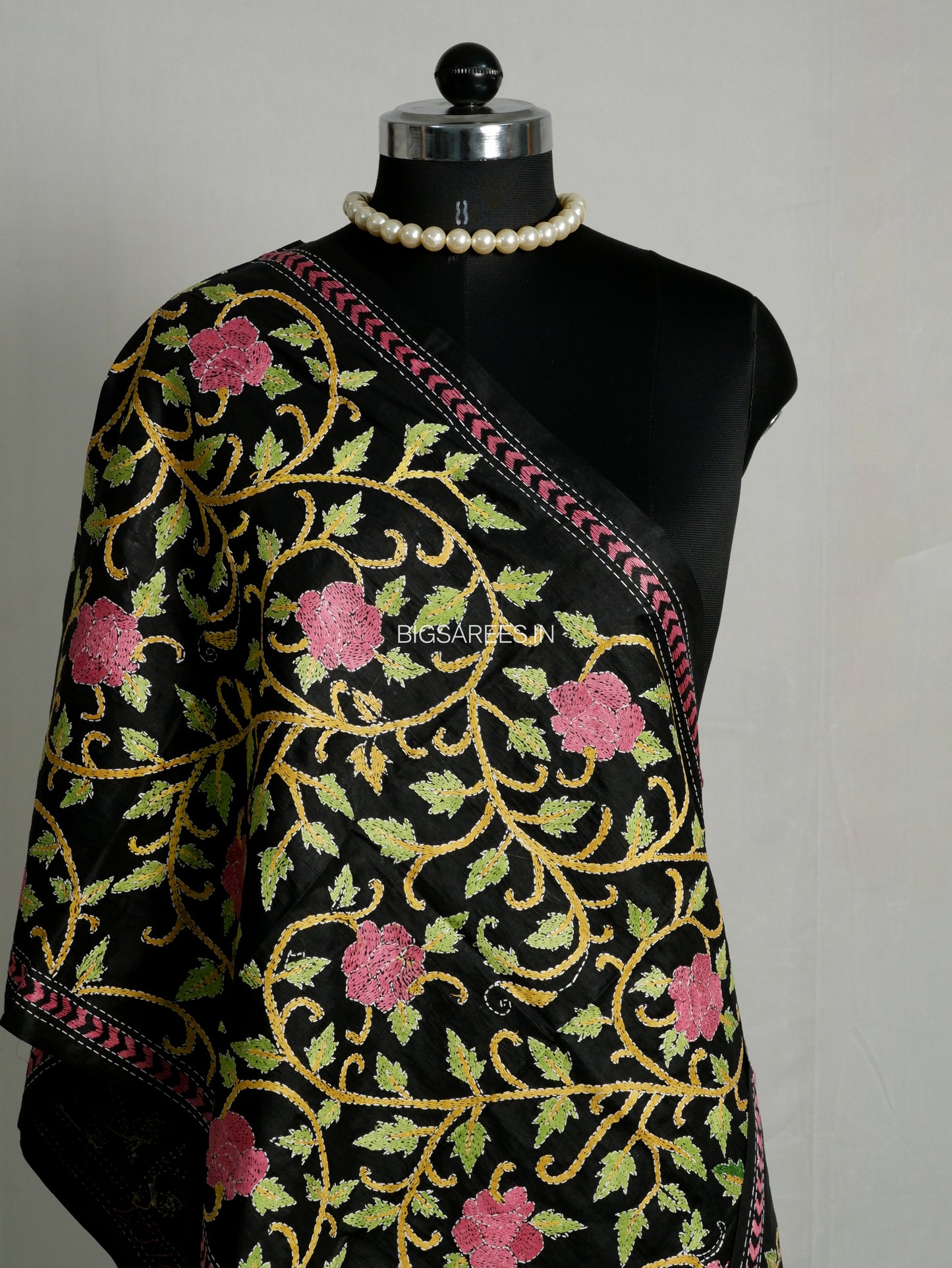 Kantha Pure Silk Stole | Black  | 22" |