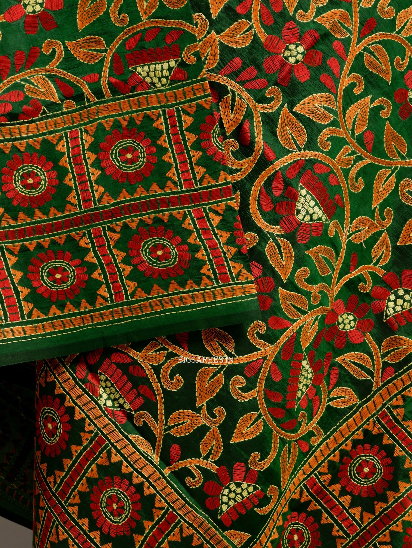 Kantha Hand-Embroidered Dupatta | Pure Bangalore Silk | Full Work | Silk Marked | Green