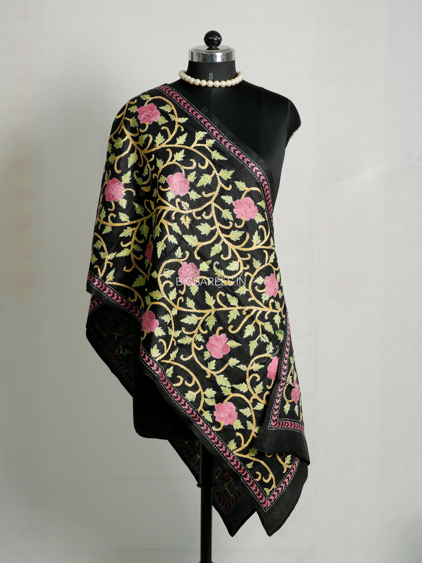 Kantha Pure Silk Stole | Black  | 22" |