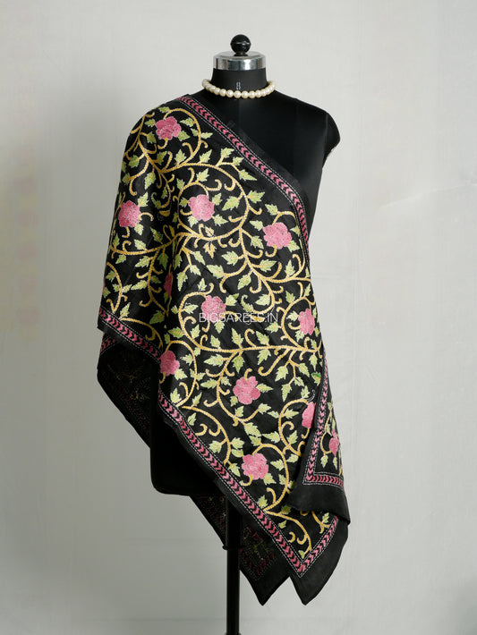 Kantha Pure Silk Stole | Black  | 22" |
