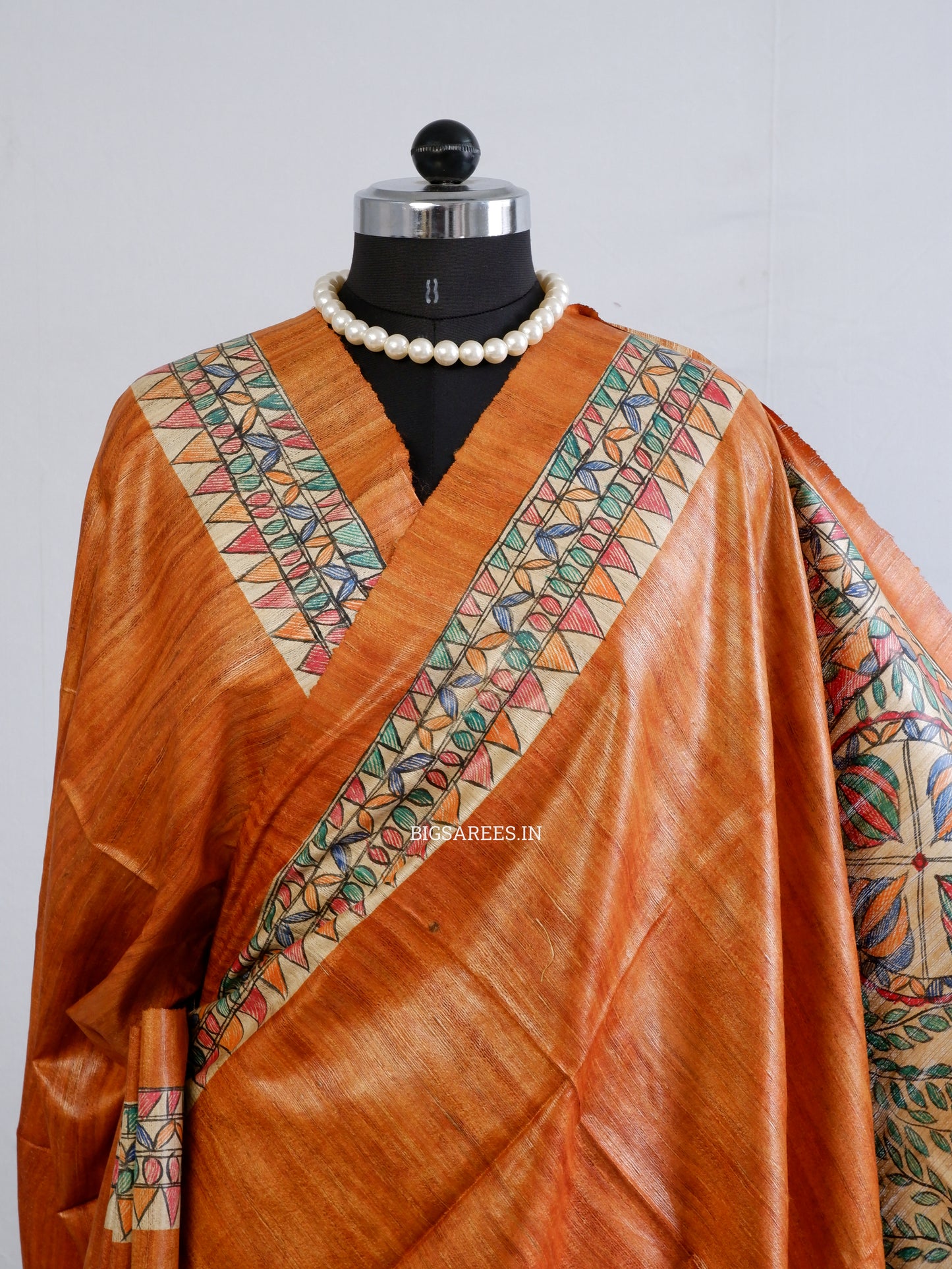 Handcrafted Madhubani Saree | Pure Tussar Ghicha Silk | Silk Mark Certified | Muted Orange
