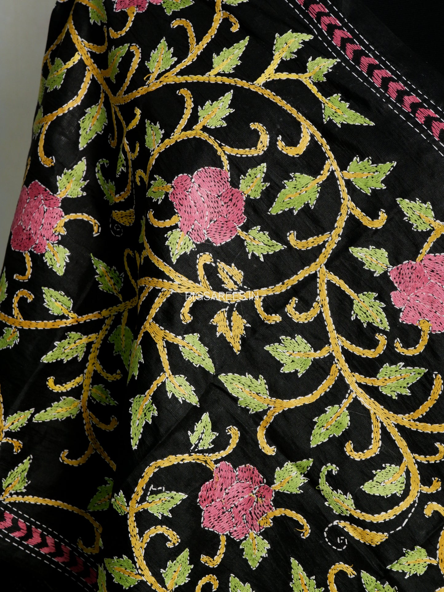 Kantha Pure Silk Stole | Black  | 22" |