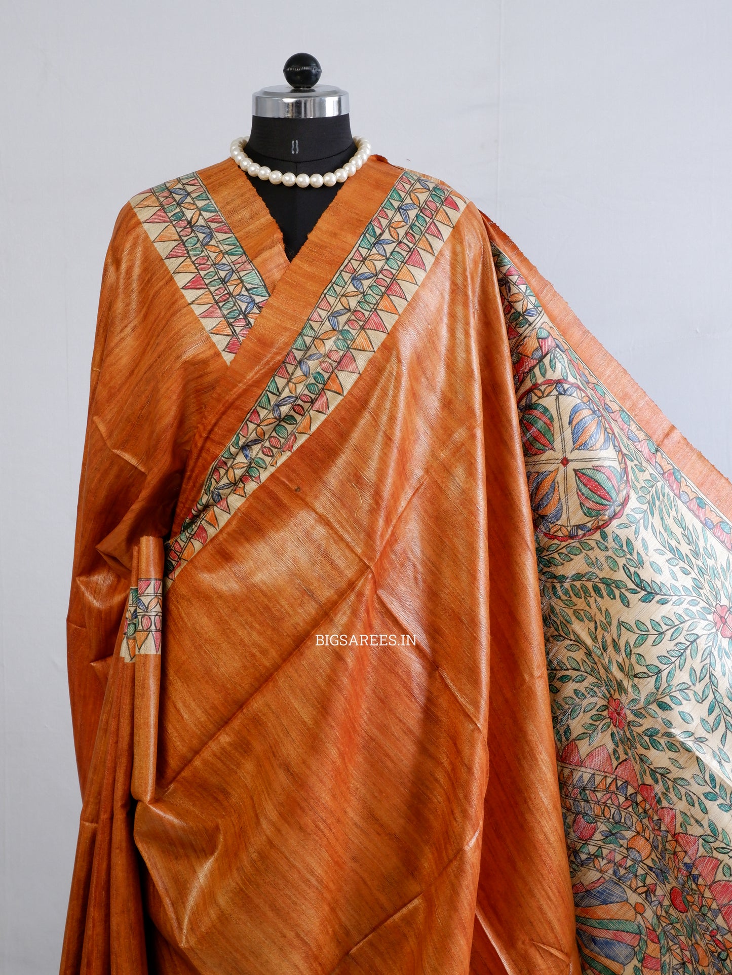 Handcrafted Madhubani Saree | Pure Tussar Ghicha Silk | Silk Mark Certified | Muted Orange