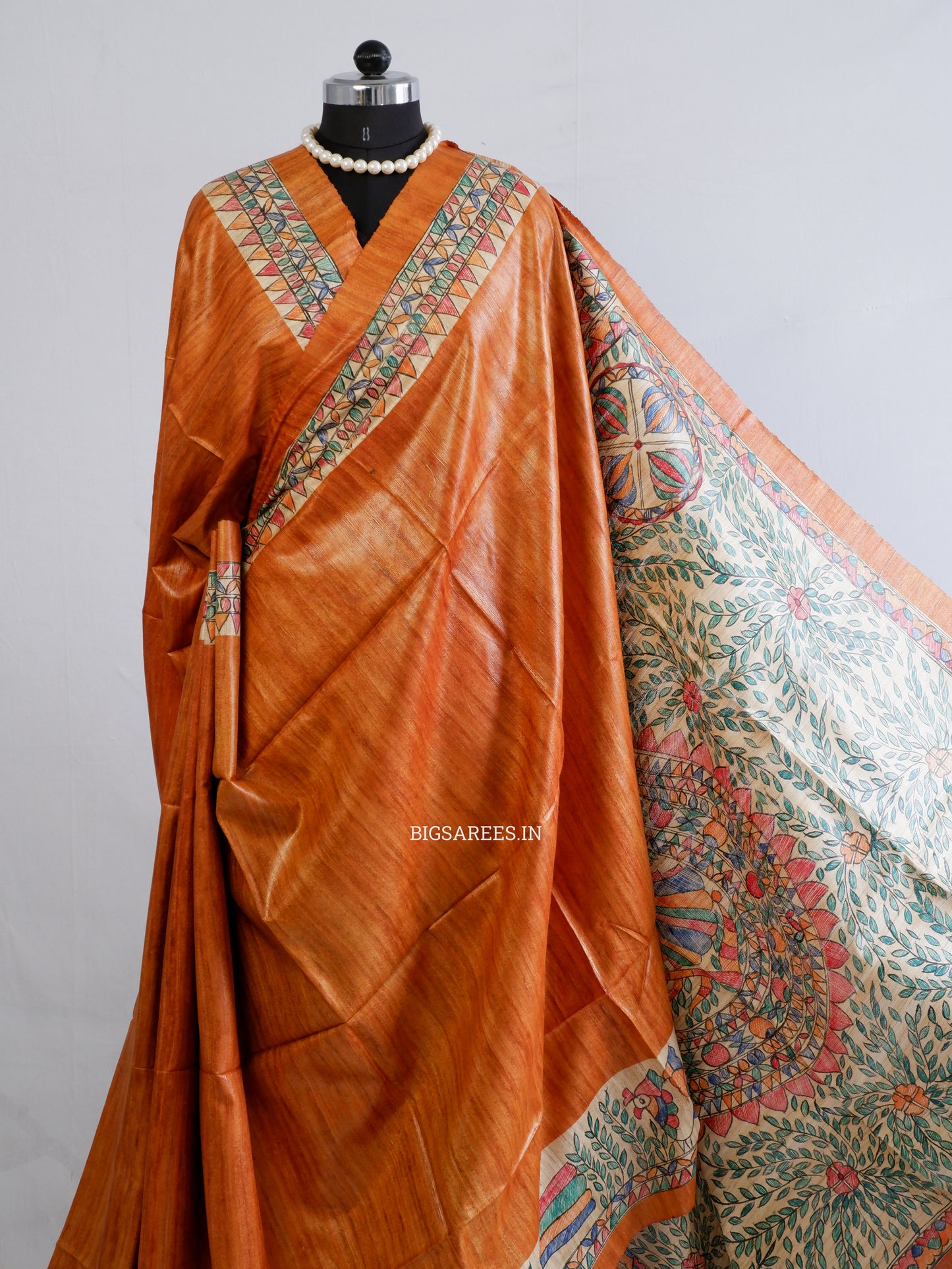 Handcrafted Madhubani Saree | Pure Tussar Ghicha Silk | Silk Mark Certified | Muted Orange