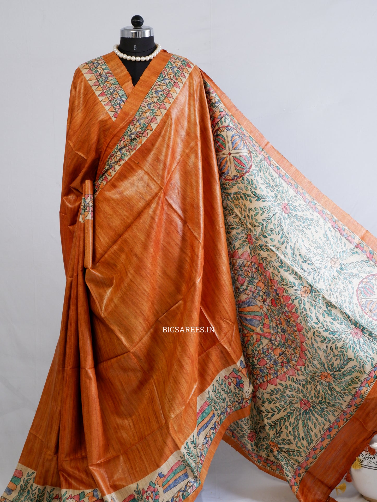 Handcrafted Madhubani Saree | Pure Tussar Ghicha Silk | Silk Mark Certified | Muted Orange