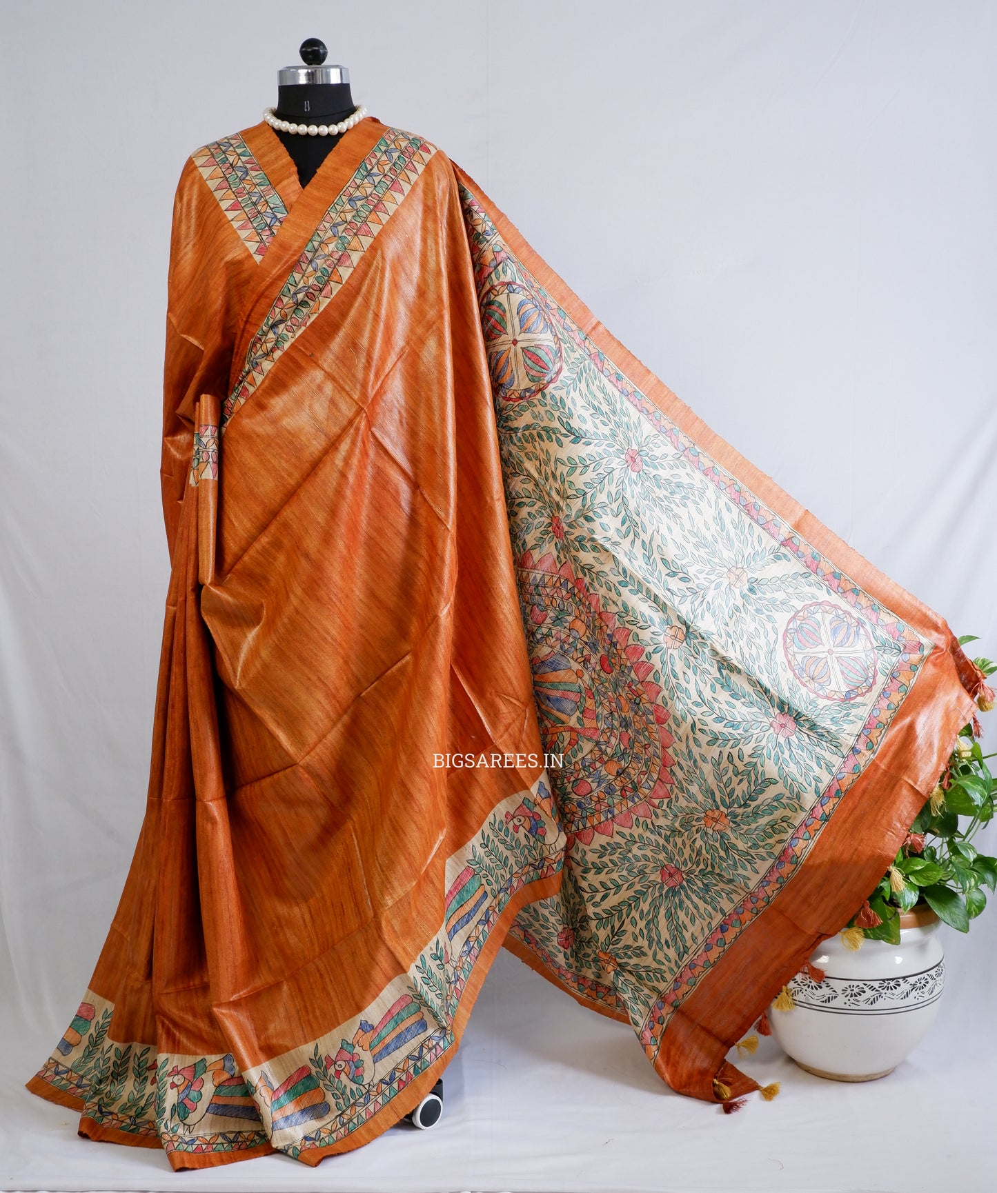 Handcrafted Madhubani Saree | Pure Tussar Ghicha Silk | Silk Mark Certified | Muted Orange