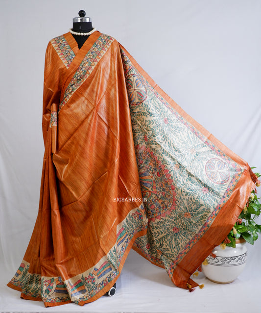 Handcrafted Madhubani Saree | Pure Tussar Ghicha Silk | Silk Mark Certified | Muted Orange