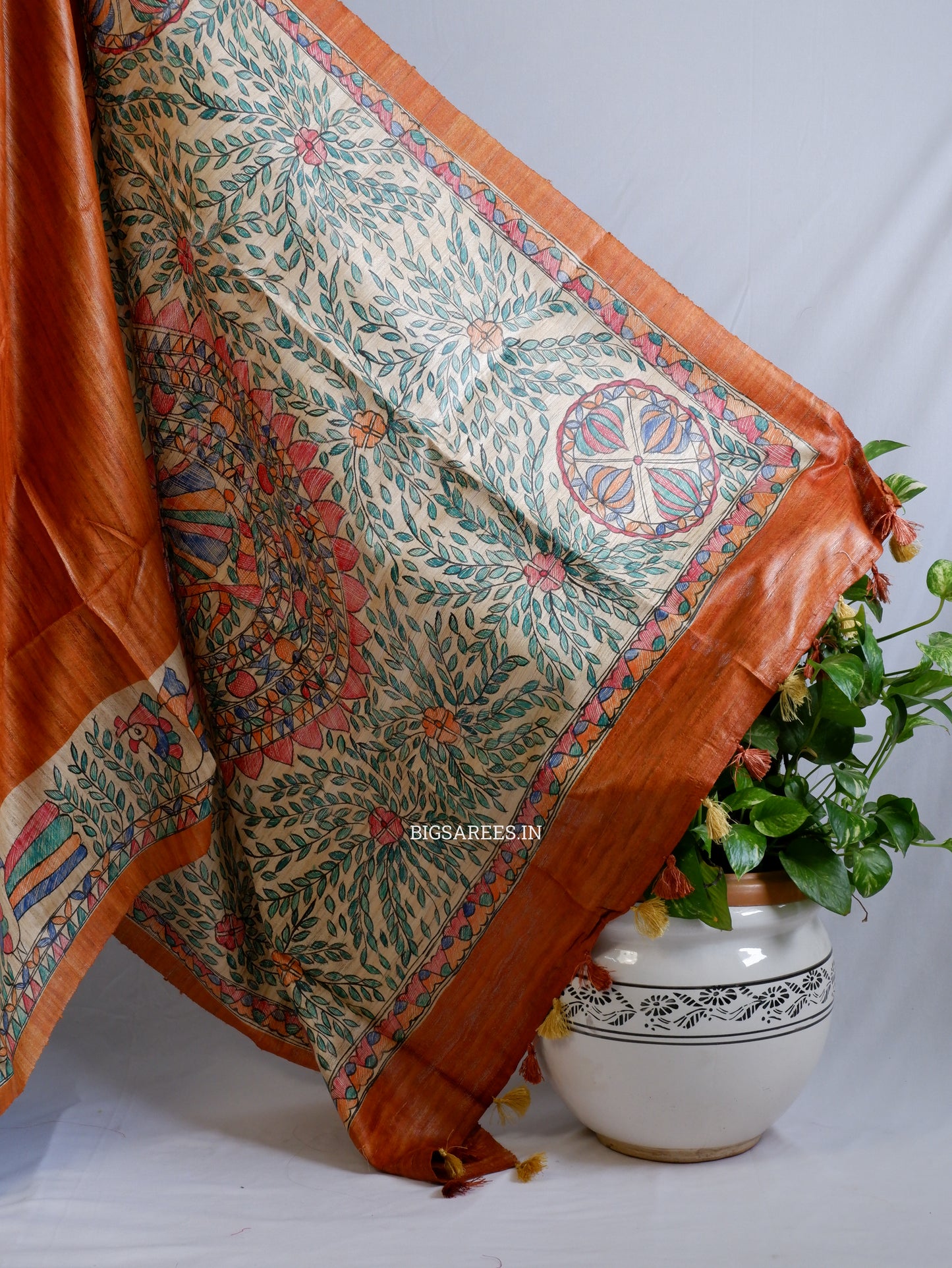 Handcrafted Madhubani Saree | Pure Tussar Ghicha Silk | Silk Mark Certified | Muted Orange