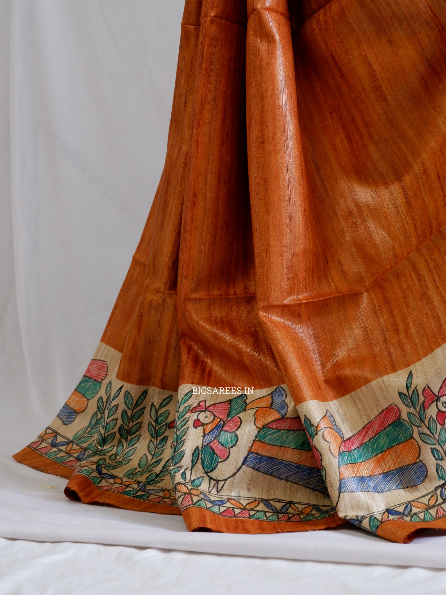 Handcrafted Madhubani Saree | Pure Tussar Ghicha Silk | Silk Mark Certified | Muted Orange