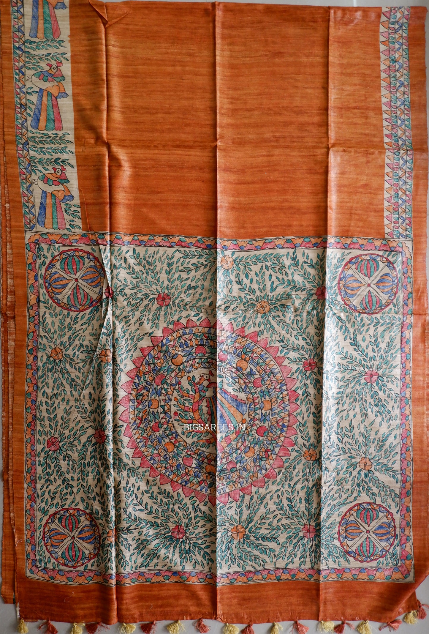 Handcrafted Madhubani Saree | Pure Tussar Ghicha Silk | Silk Mark Certified | Muted Orange