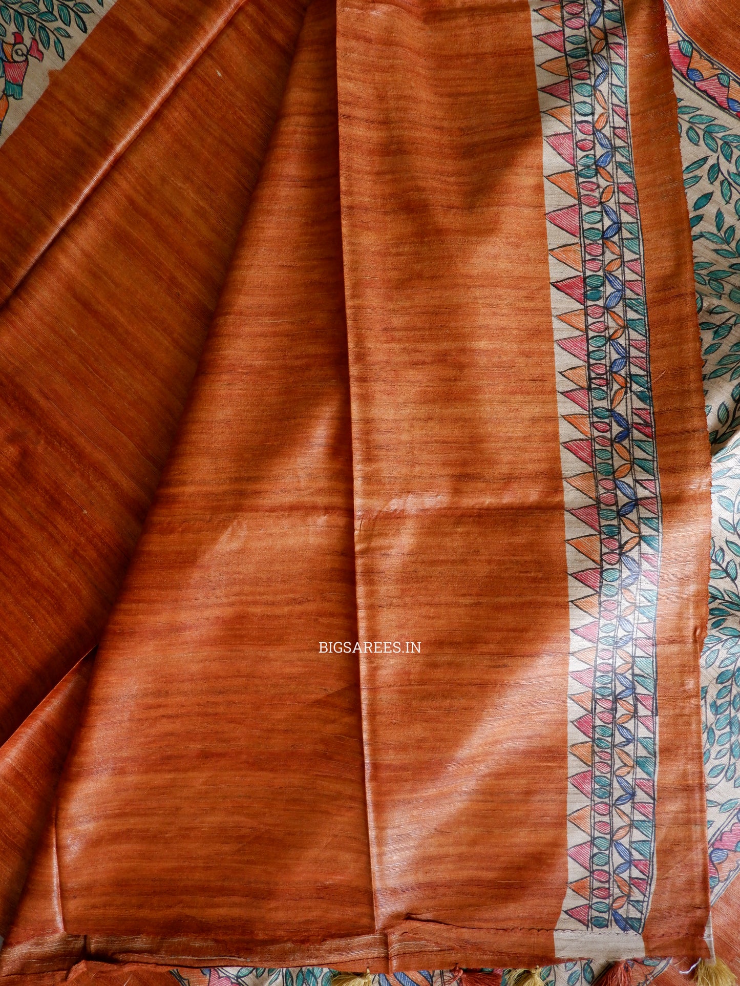 Handcrafted Madhubani Saree | Pure Tussar Ghicha Silk | Silk Mark Certified | Muted Orange