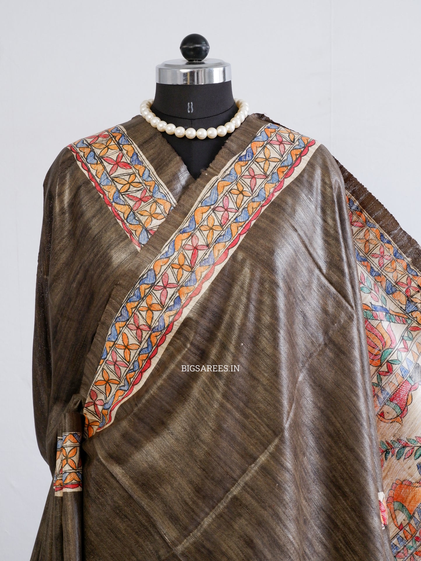 Handcrafted Madhubani Saree | Pure Tussar Ghicha Silk | Silk Mark Certified | Brown