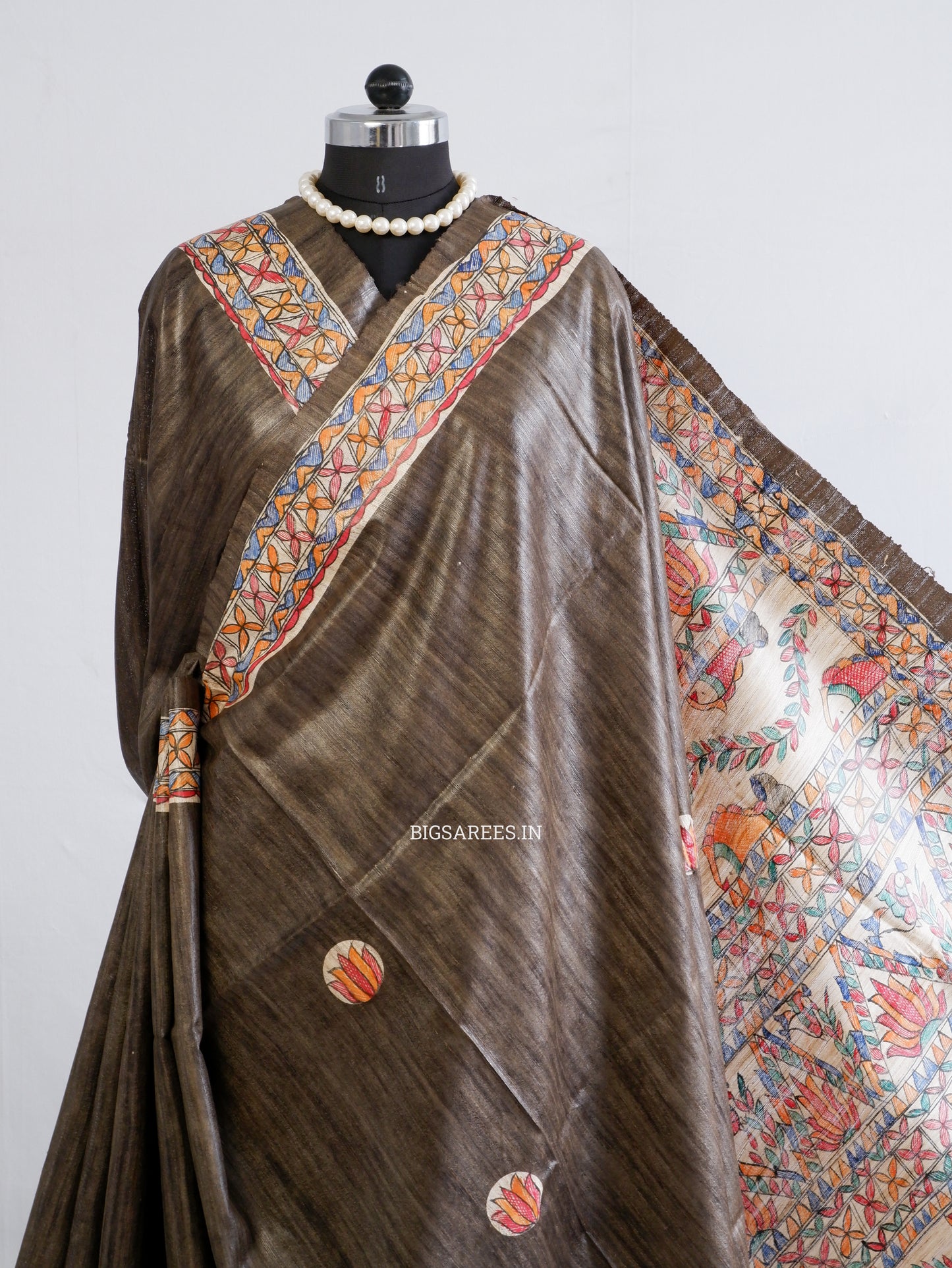 Handcrafted Madhubani Saree | Pure Tussar Ghicha Silk | Silk Mark Certified | Brown