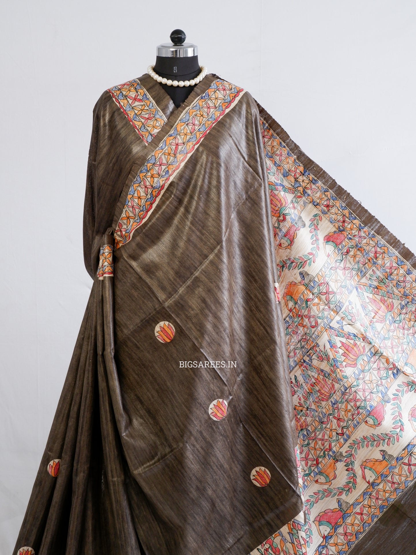 Handcrafted Madhubani Saree | Pure Tussar Ghicha Silk | Silk Mark Certified | Brown
