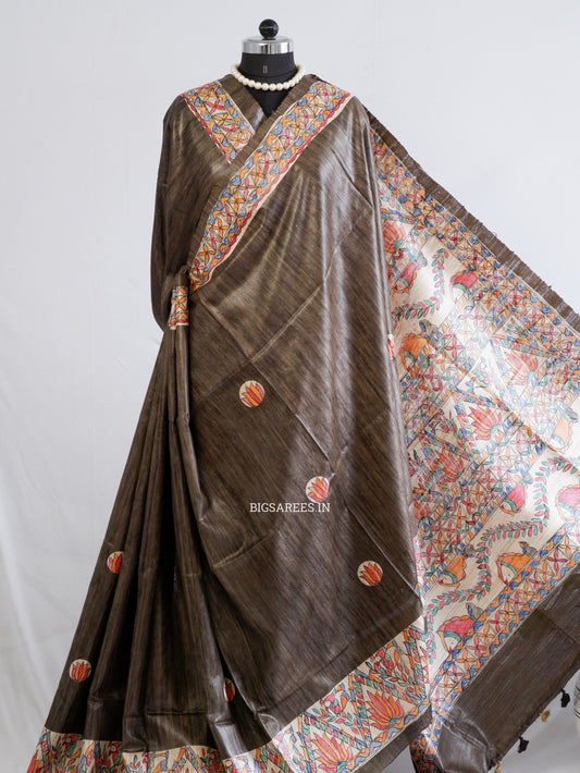 Handcrafted Madhubani Saree | Pure Tussar Ghicha Silk | Silk Mark Certified | Brown
