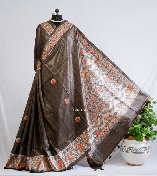 Handcrafted Madhubani Saree | Pure Tussar Ghicha Silk | Silk Mark Certified | Brown