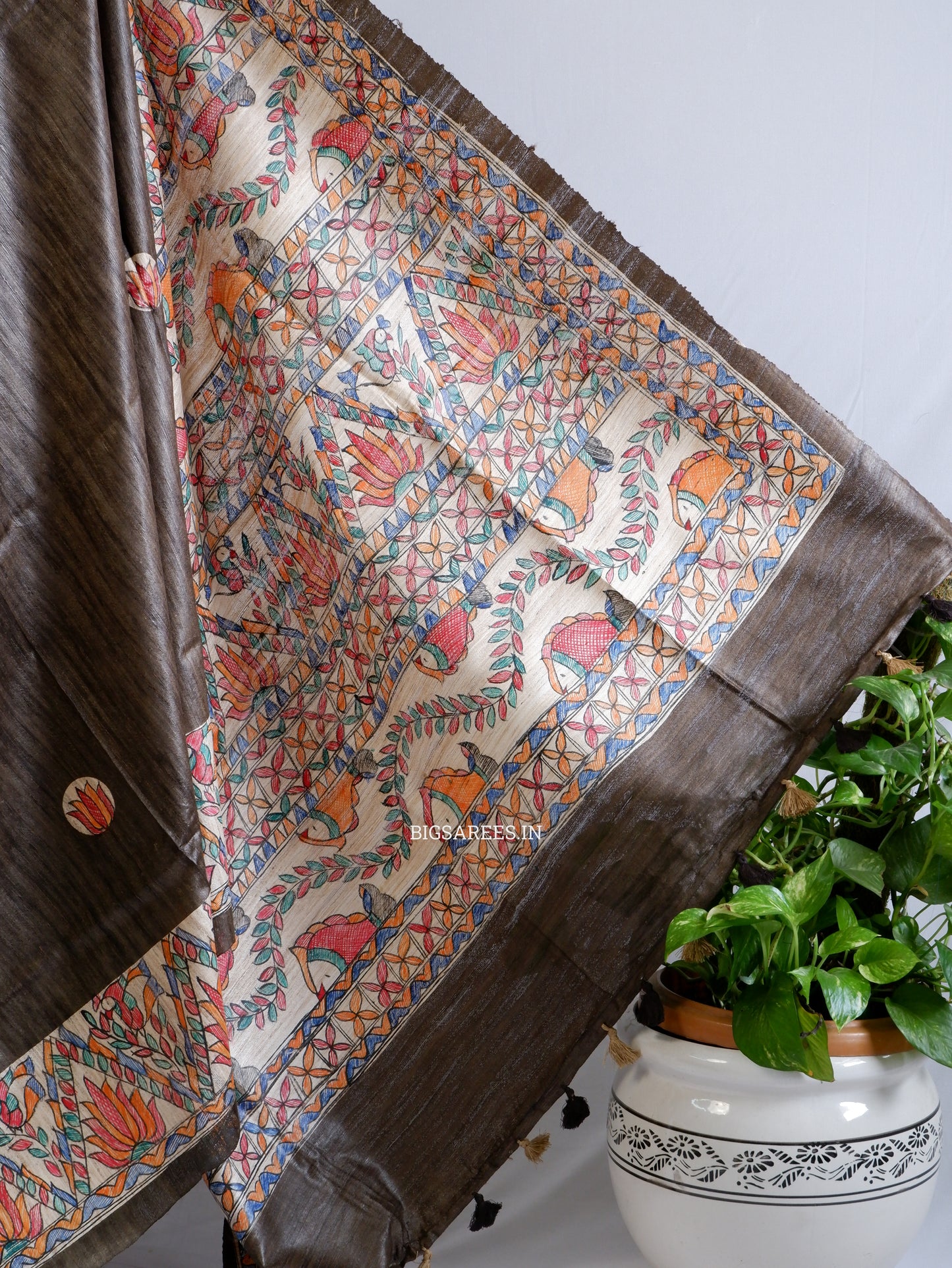 Handcrafted Madhubani Saree | Pure Tussar Ghicha Silk | Silk Mark Certified | Brown