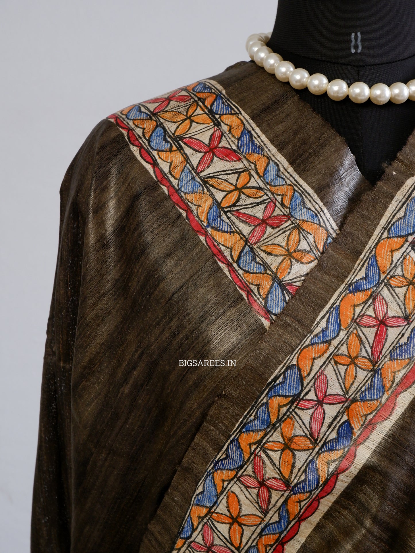 Handcrafted Madhubani Saree | Pure Tussar Ghicha Silk | Silk Mark Certified | Brown
