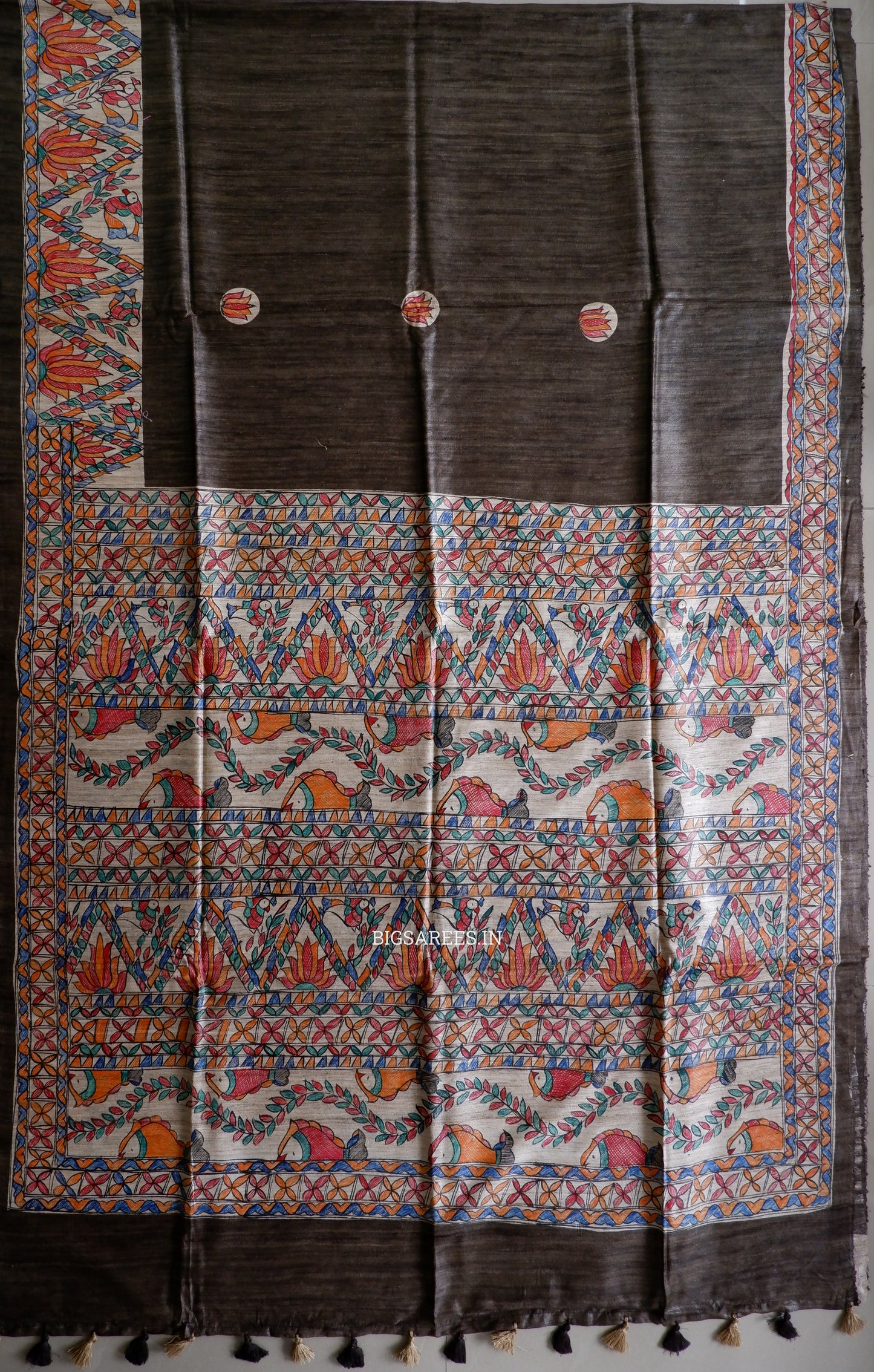 Handcrafted Madhubani Saree | Pure Tussar Ghicha Silk | Silk Mark Certified | Brown