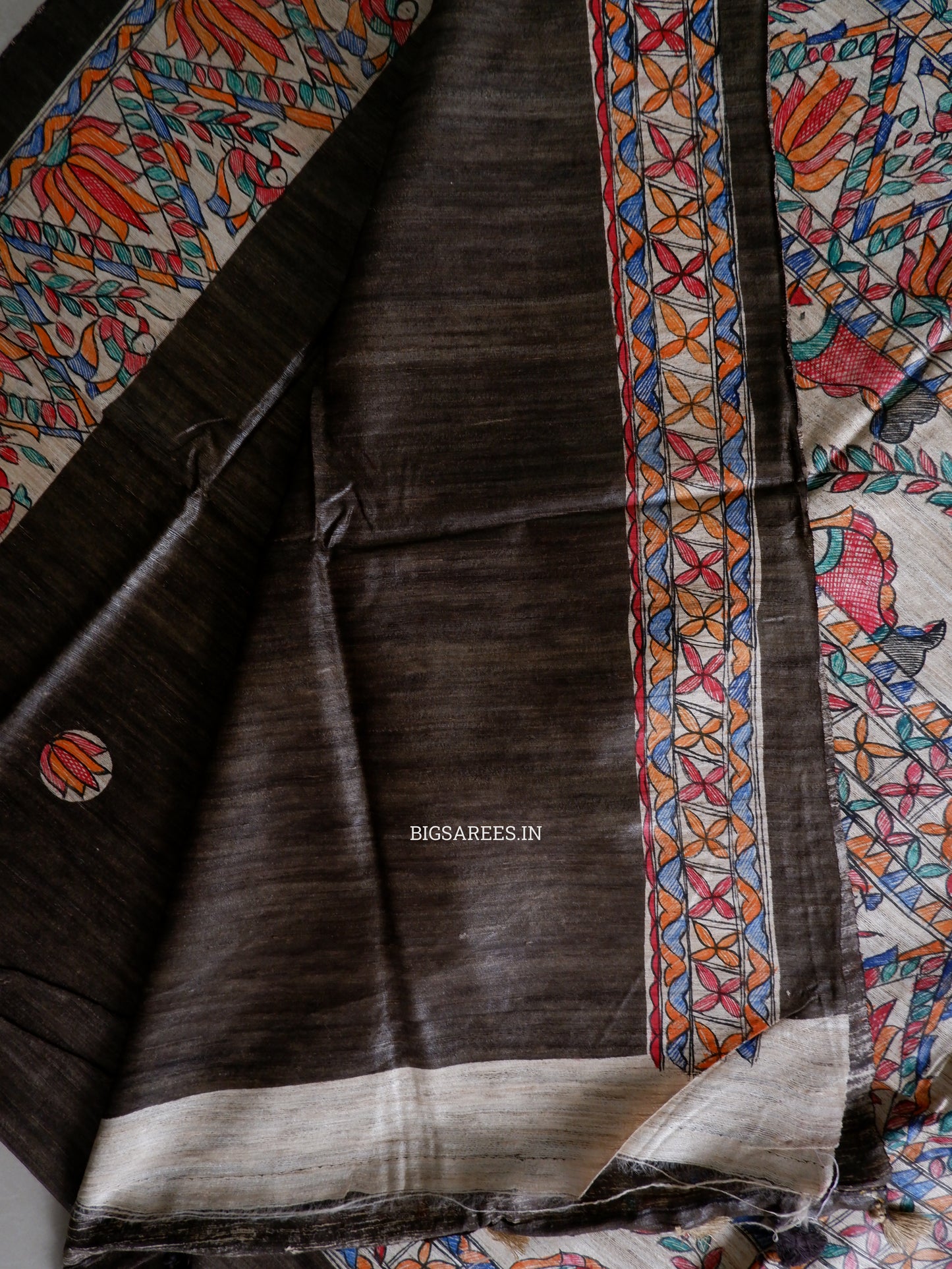 Handcrafted Madhubani Saree | Pure Tussar Ghicha Silk | Silk Mark Certified | Brown