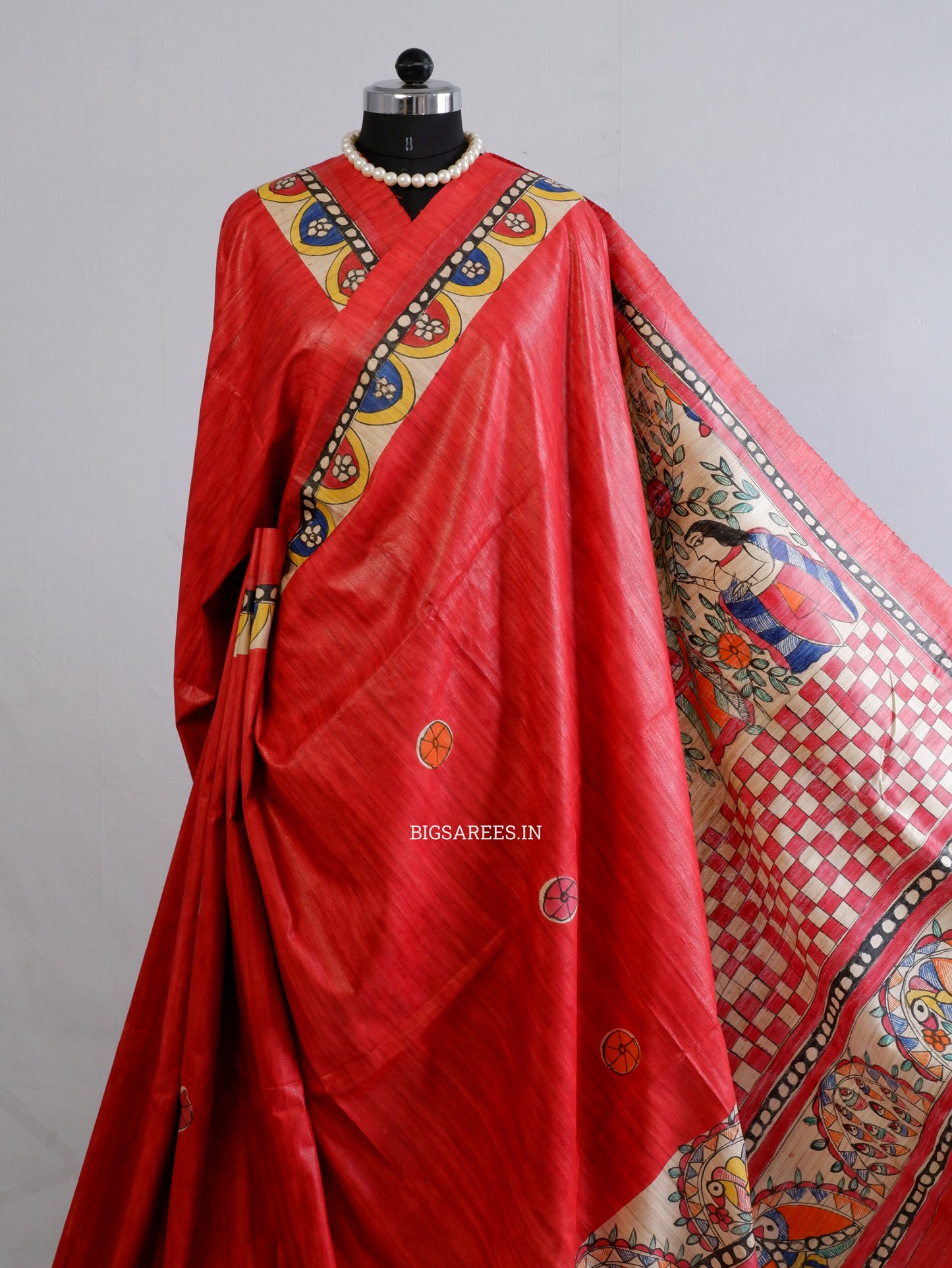 Handcrafted Madhubani Saree | Pure Tussar Ghicha Silk | Silk Mark Certified | Red