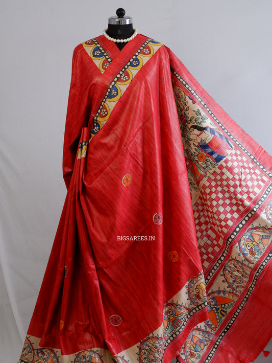 Handcrafted Madhubani Saree | Pure Tussar Ghicha Silk | Silk Mark Certified | Red