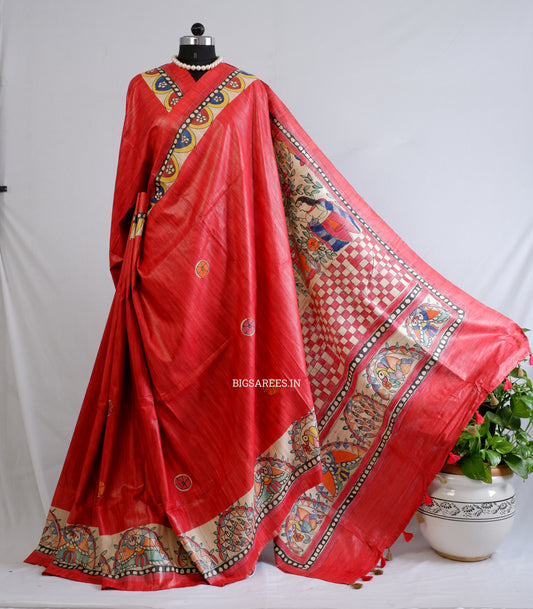 Handcrafted Madhubani Saree | Pure Tussar Ghicha Silk | Silk Mark Certified | Red