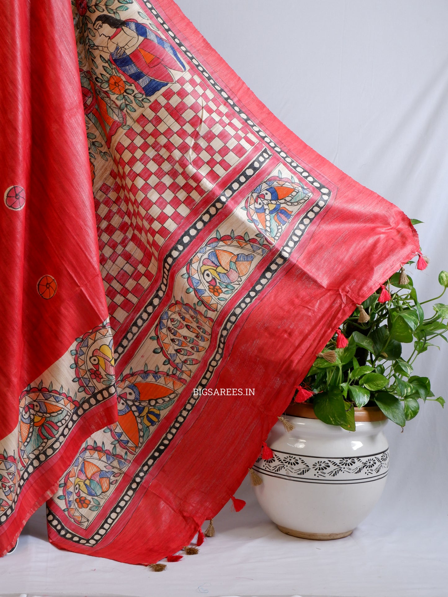 Handcrafted Madhubani Saree | Pure Tussar Ghicha Silk | Silk Mark Certified | Red