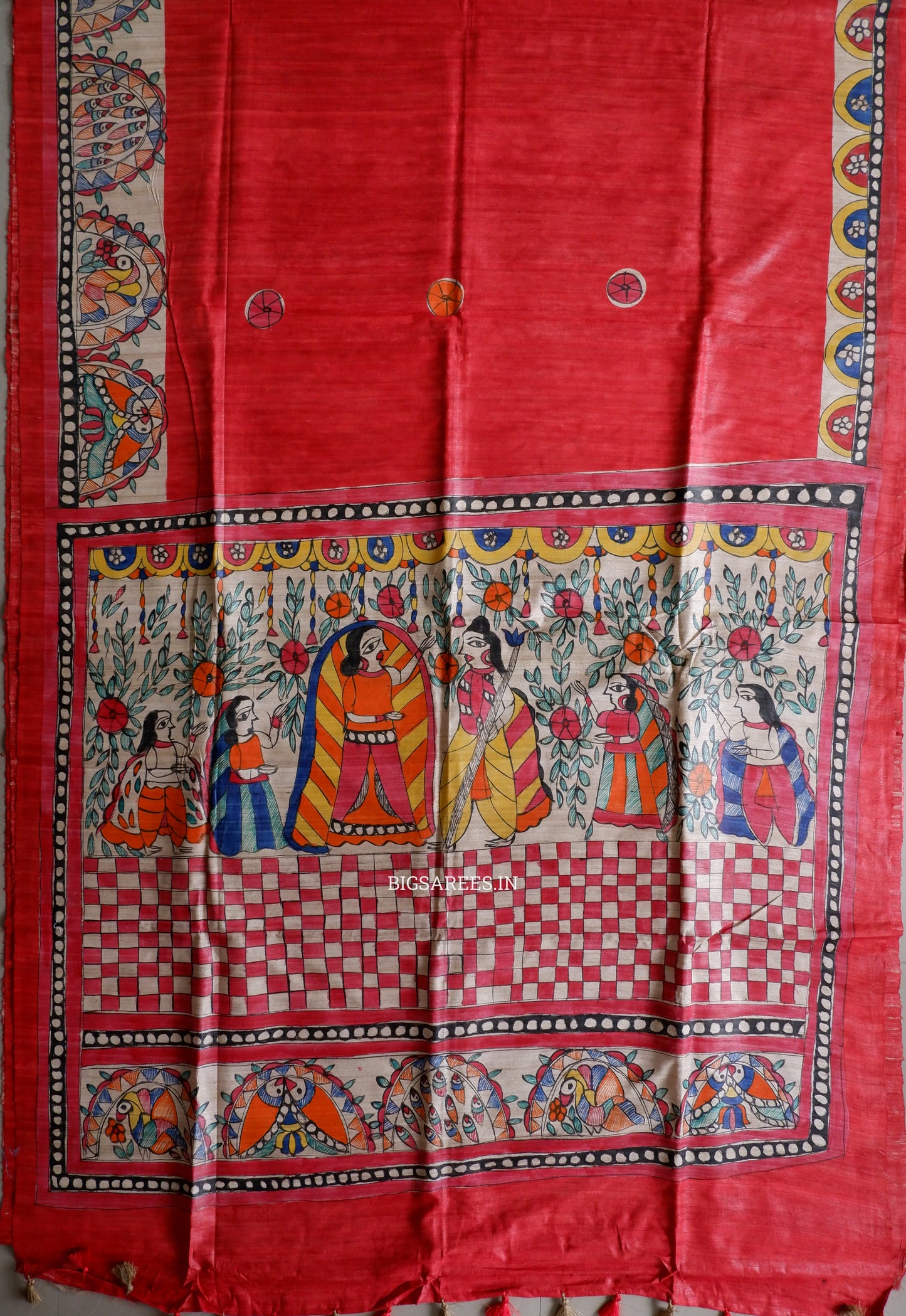 Handcrafted Madhubani Saree | Pure Tussar Ghicha Silk | Silk Mark Certified | Red