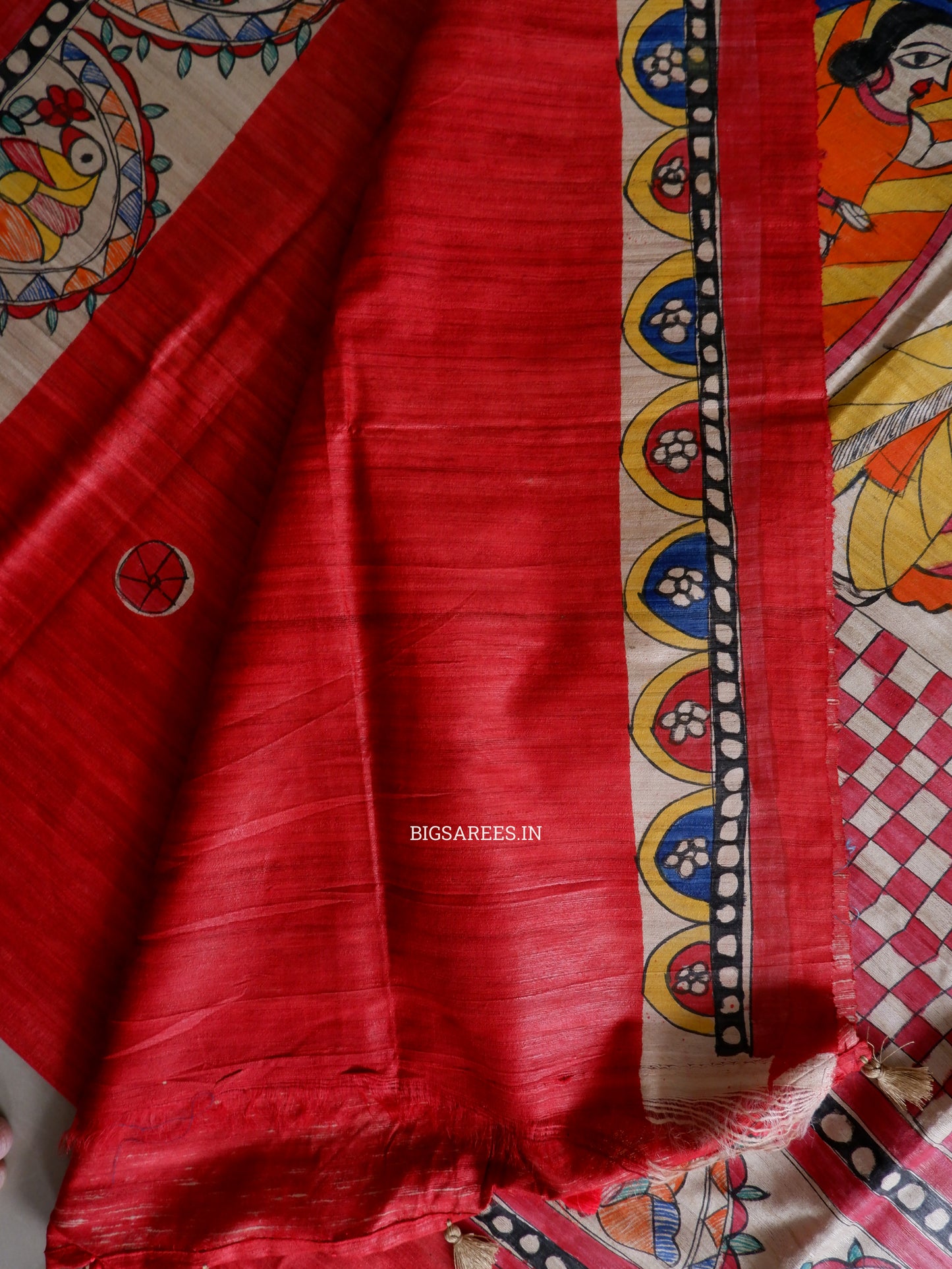 Handcrafted Madhubani Saree | Pure Tussar Ghicha Silk | Silk Mark Certified | Red