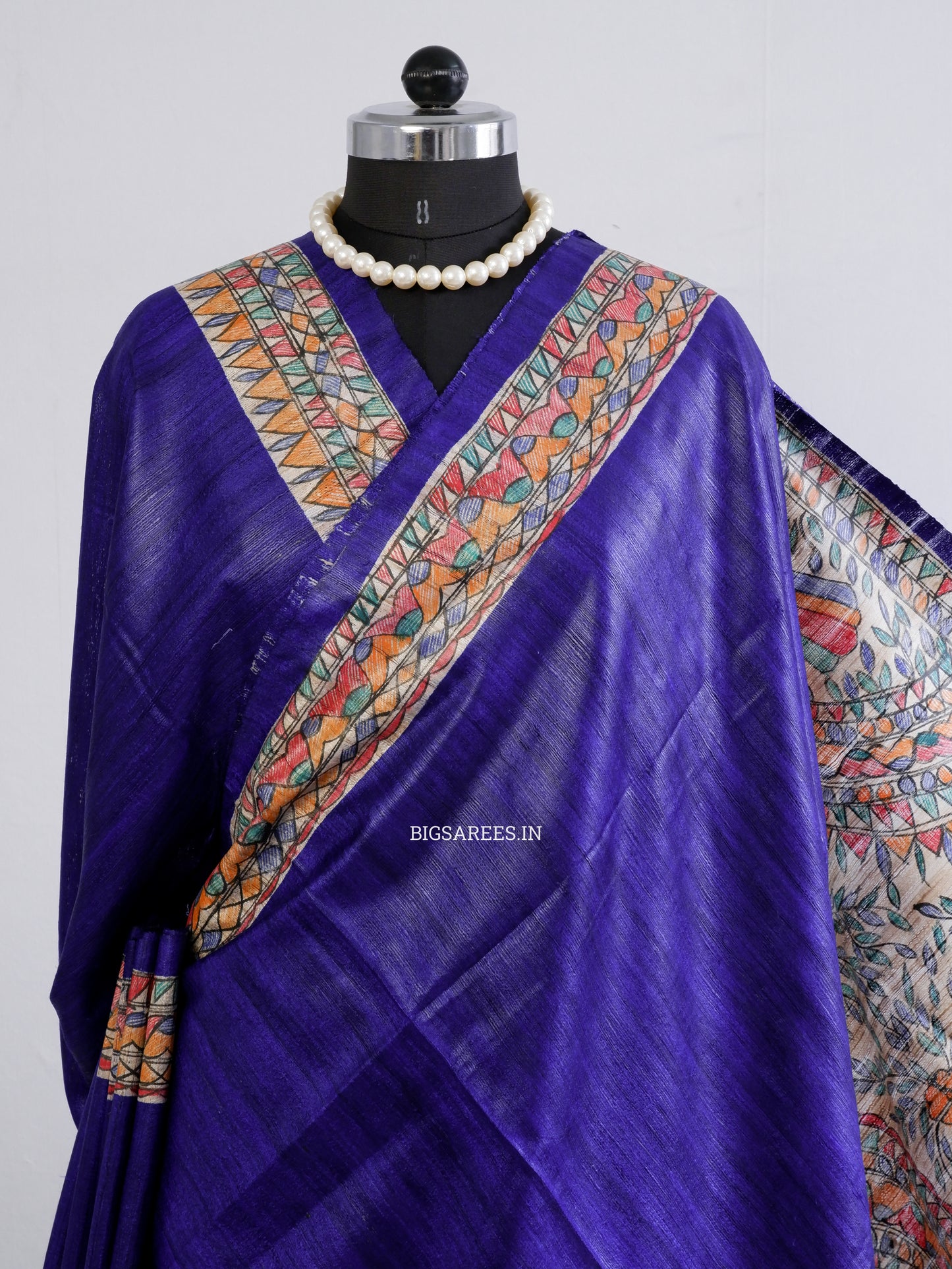 Handcrafted Madhubani Saree | Pure Tussar Ghicha Silk | Silk Mark Certified | Bluish Violet