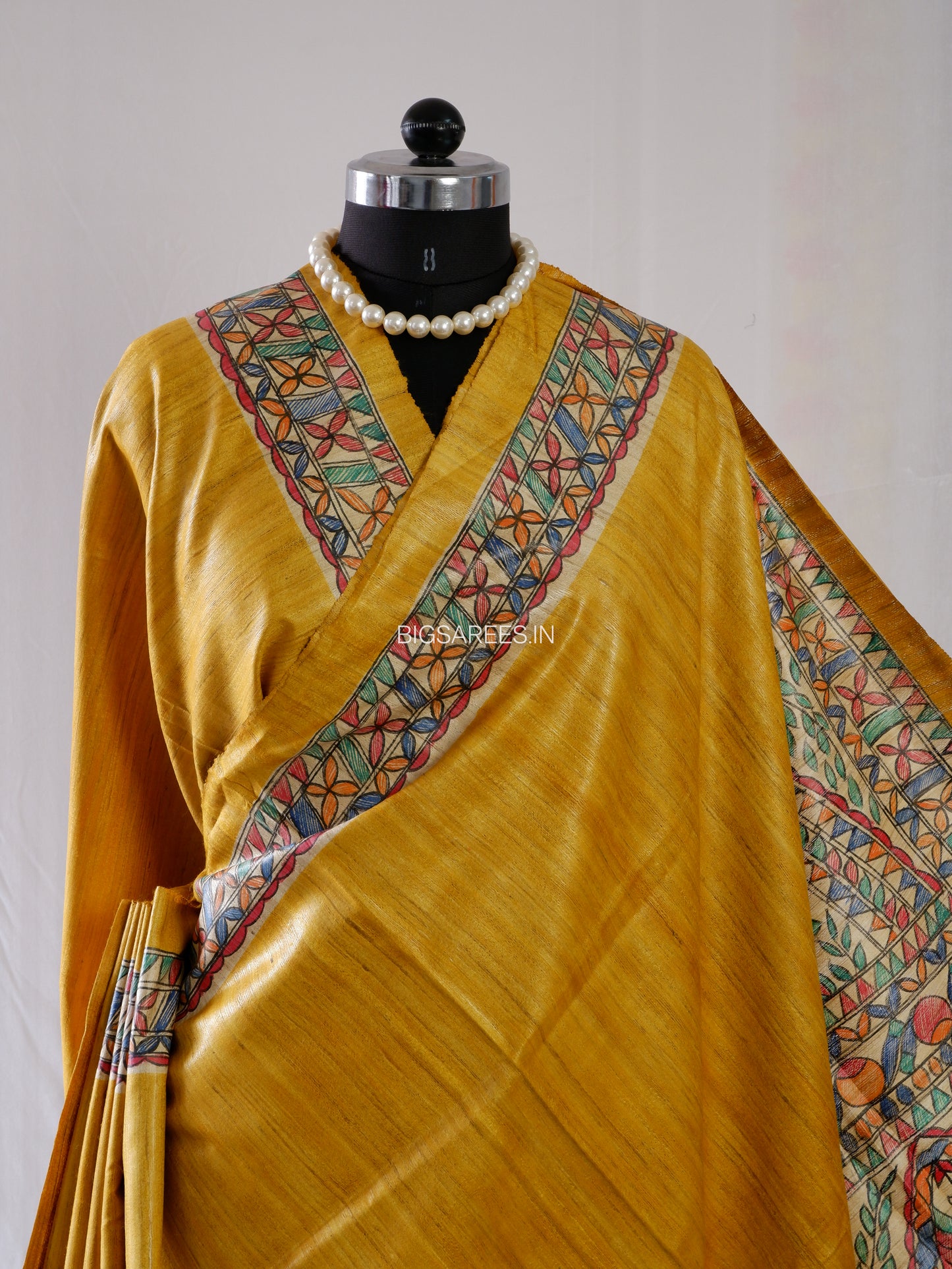 Handcrafted Madhubani Saree | Pure Tussar Ghicha Silk | Silk Mark Certified | Golden Yellow