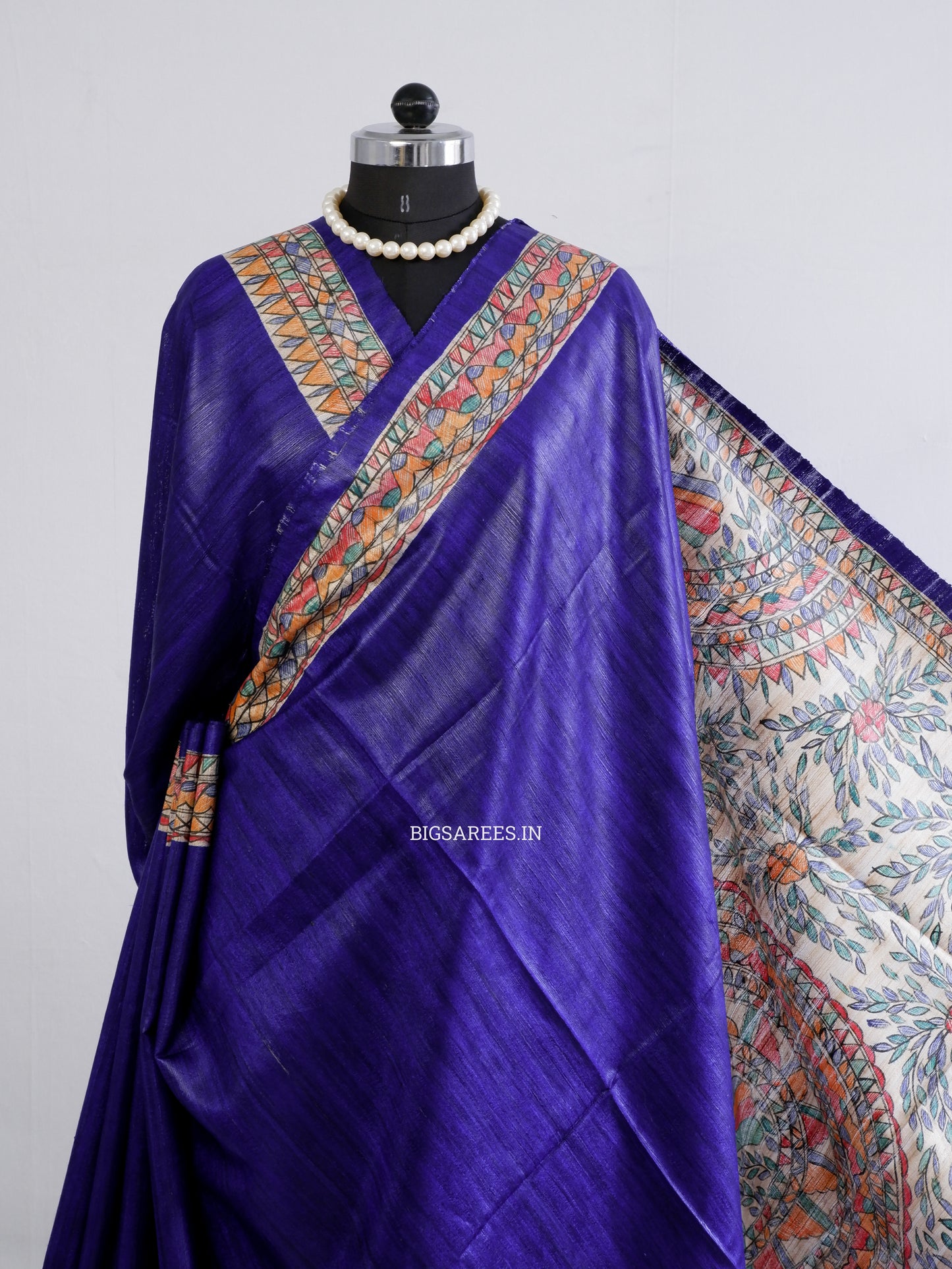 Handcrafted Madhubani Saree | Pure Tussar Ghicha Silk | Silk Mark Certified | Bluish Violet