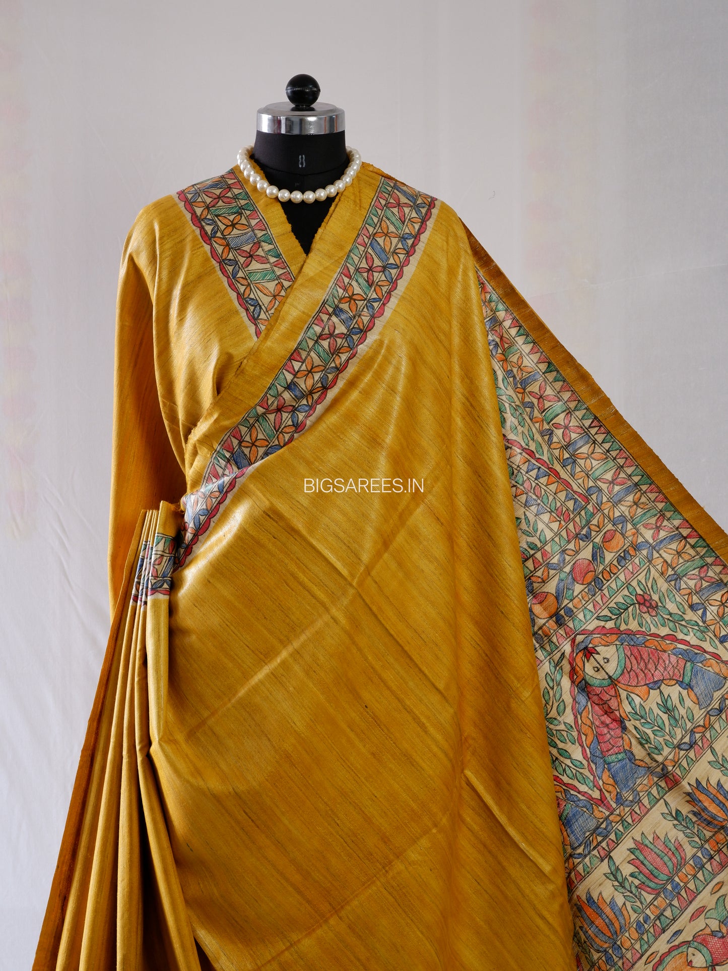 Handcrafted Madhubani Saree | Pure Tussar Ghicha Silk | Silk Mark Certified | Golden Yellow