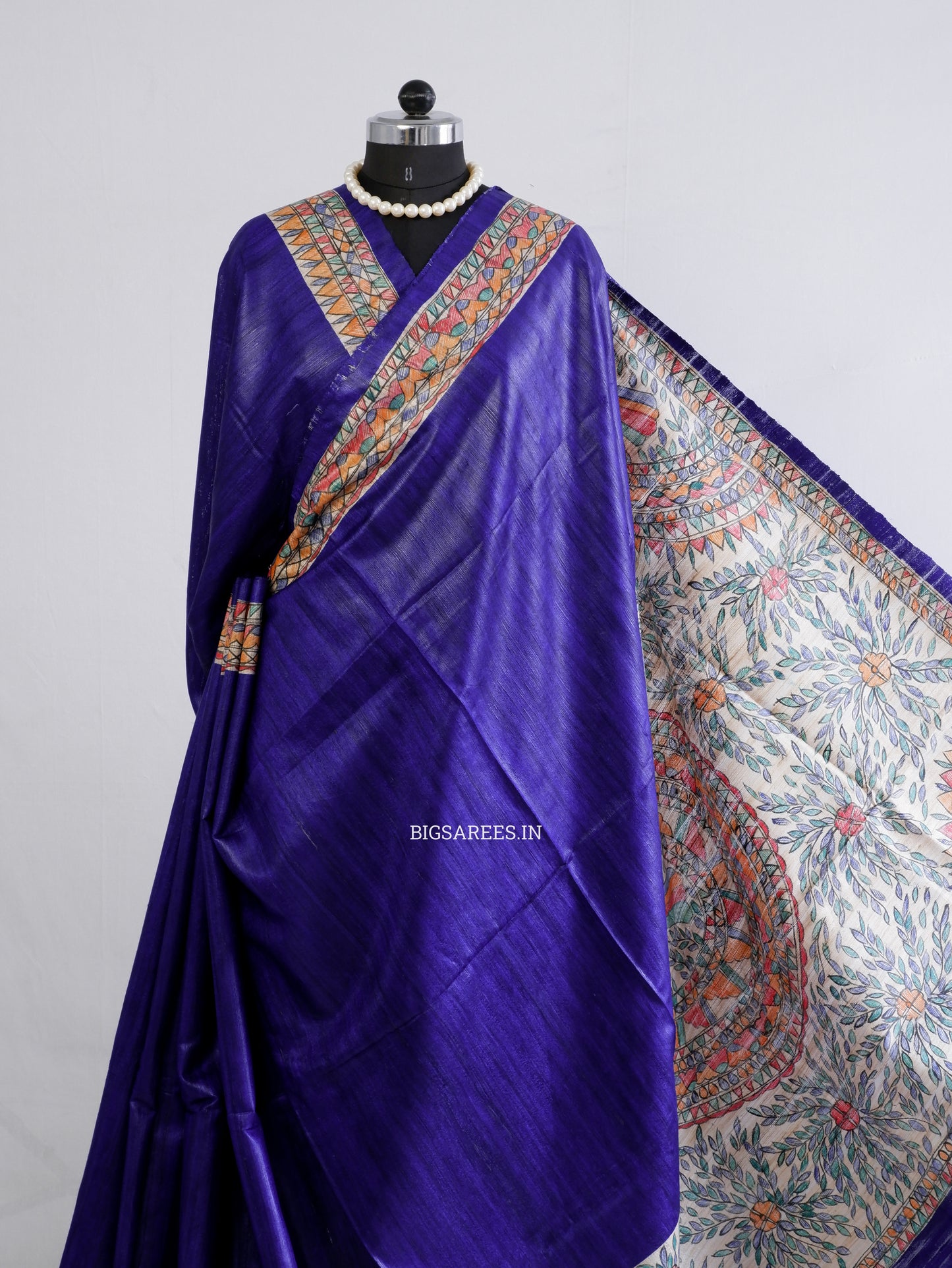 Handcrafted Madhubani Saree | Pure Tussar Ghicha Silk | Silk Mark Certified | Bluish Violet