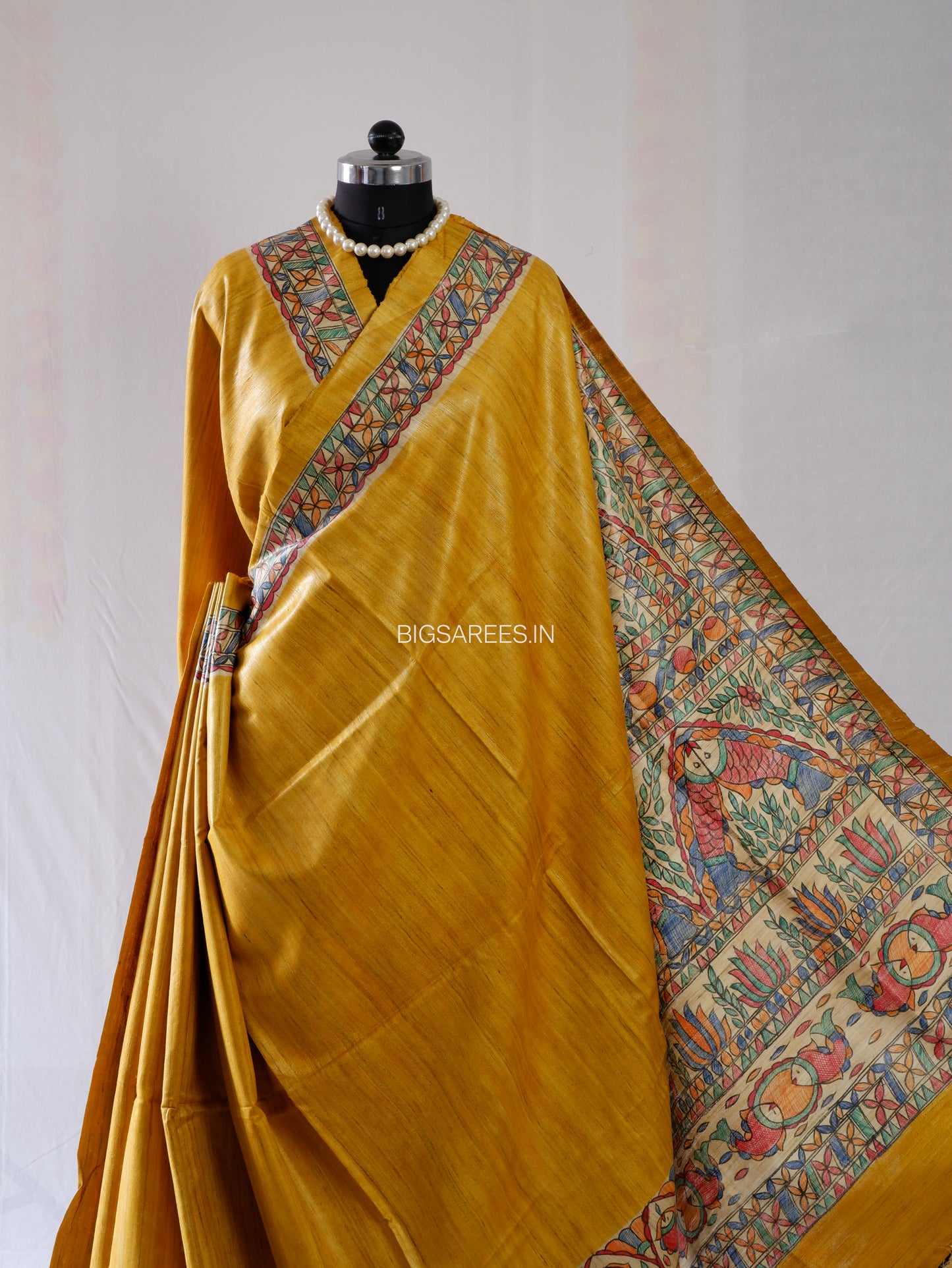 Handcrafted Madhubani Saree | Pure Tussar Ghicha Silk | Silk Mark Certified | Golden Yellow