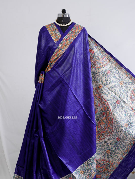 Handcrafted Madhubani Saree | Pure Tussar Ghicha Silk | Silk Mark Certified | Bluish Violet