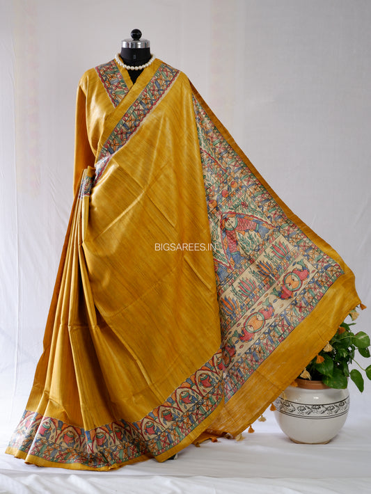 Handcrafted Madhubani Saree | Pure Tussar Ghicha Silk | Silk Mark Certified | Golden Yellow