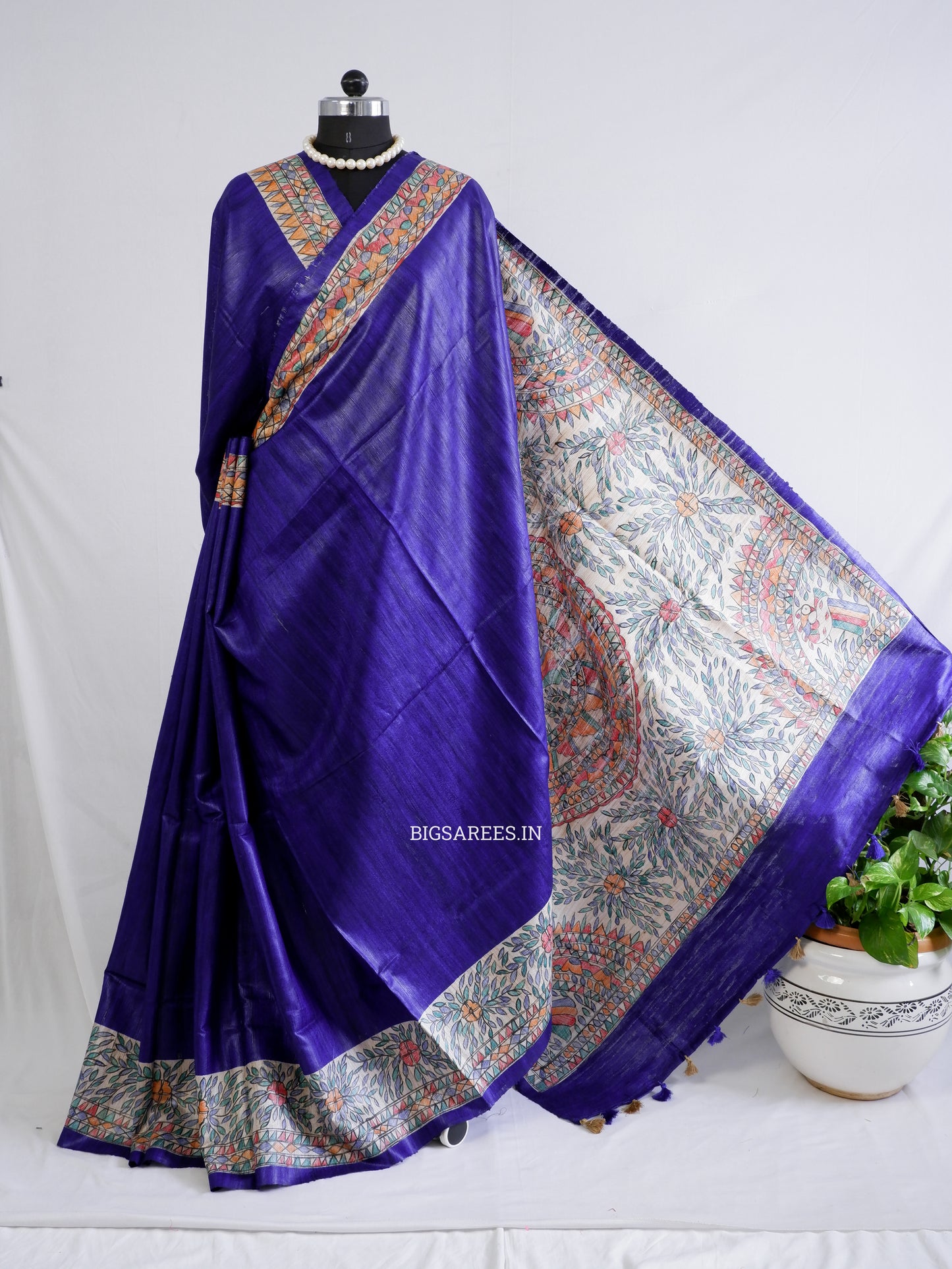 Handcrafted Madhubani Saree | Pure Tussar Ghicha Silk | Silk Mark Certified | Bluish Violet