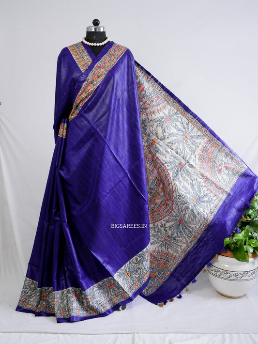 Handcrafted Madhubani Saree | Pure Tussar Ghicha Silk | Silk Mark Certified | Bluish Violet