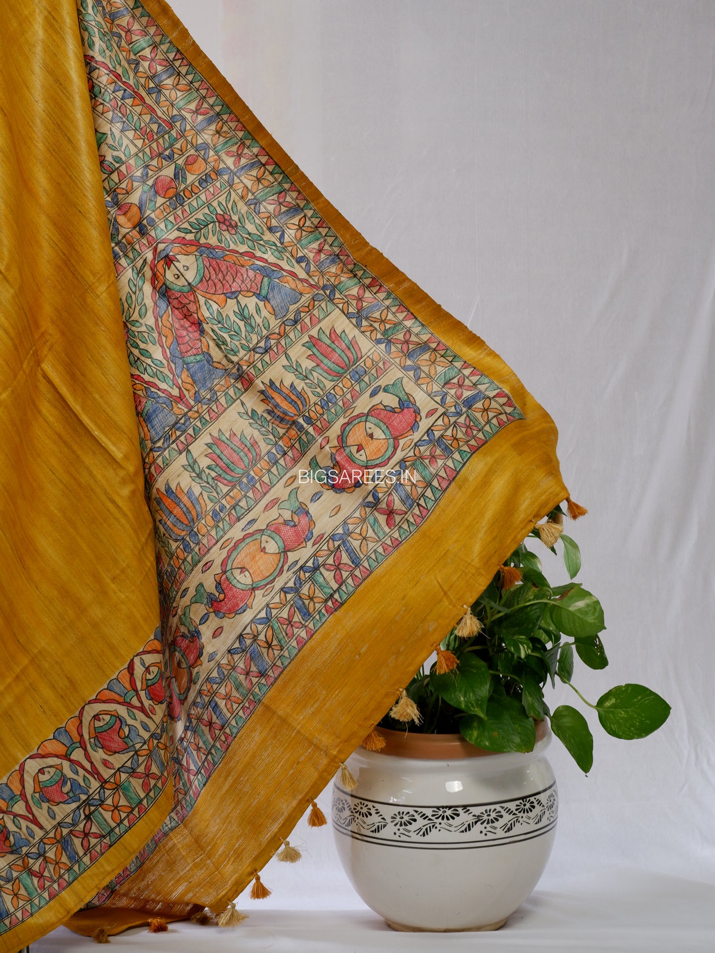Handcrafted Madhubani Saree | Pure Tussar Ghicha Silk | Silk Mark Certified | Golden Yellow